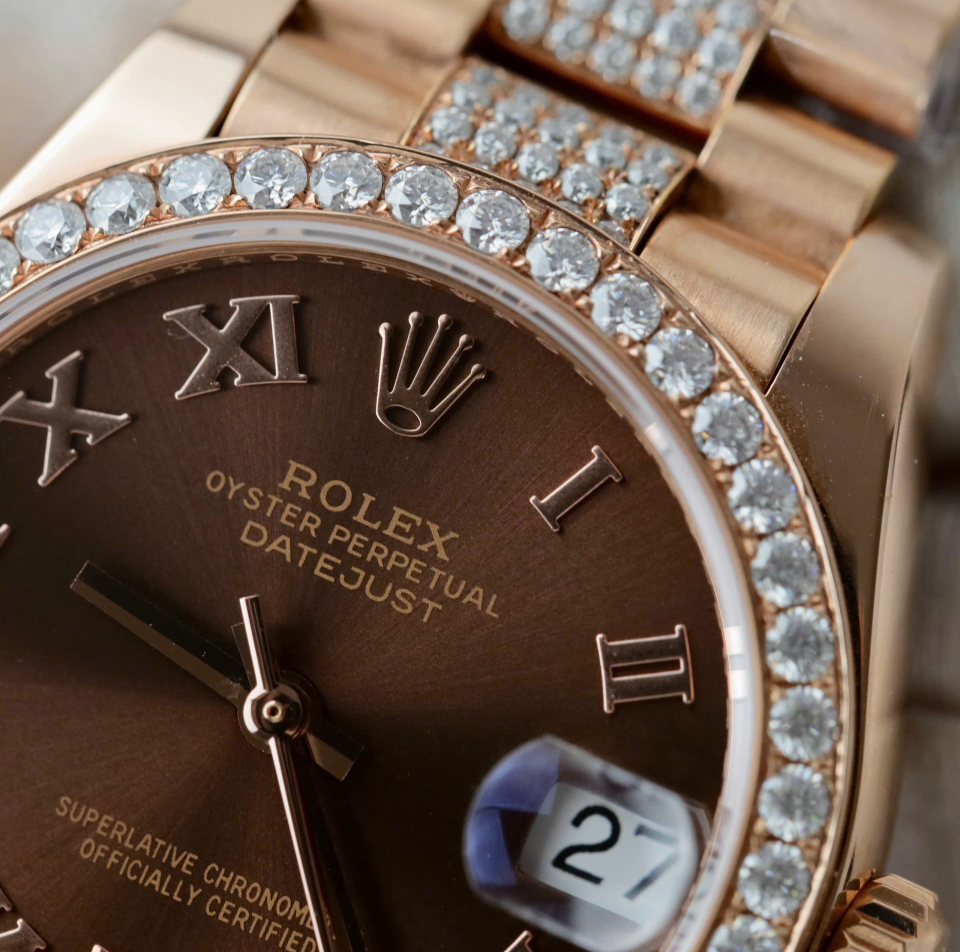 Rolex DateJust Women Dial Chocolate Copies Watches Custom Moissanite Diamonds + 18K Gold Wrapped 31mm