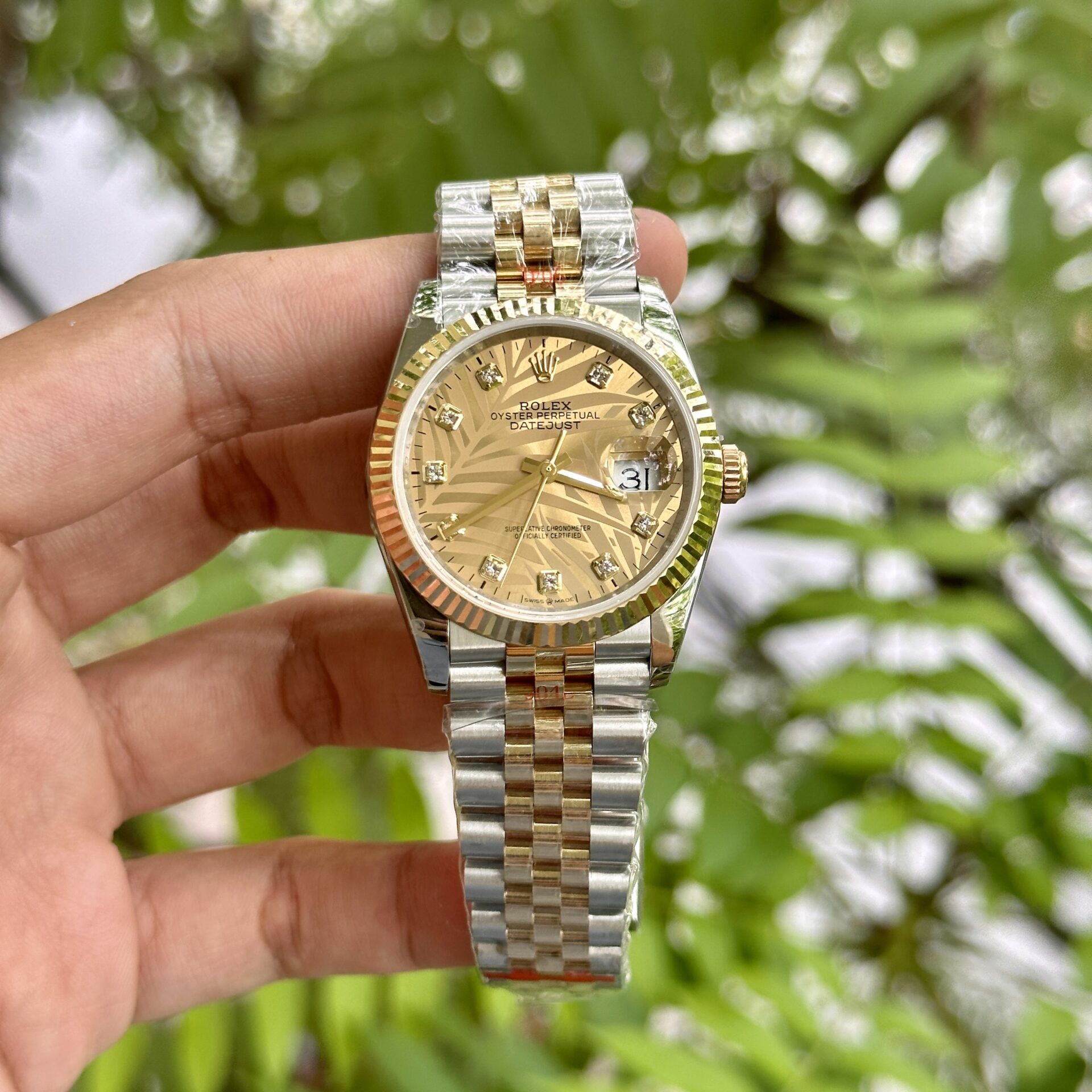 Rolex DateJust 18K Gold Wrapped Replica Watch Palm Leaf Dial GM 36mm