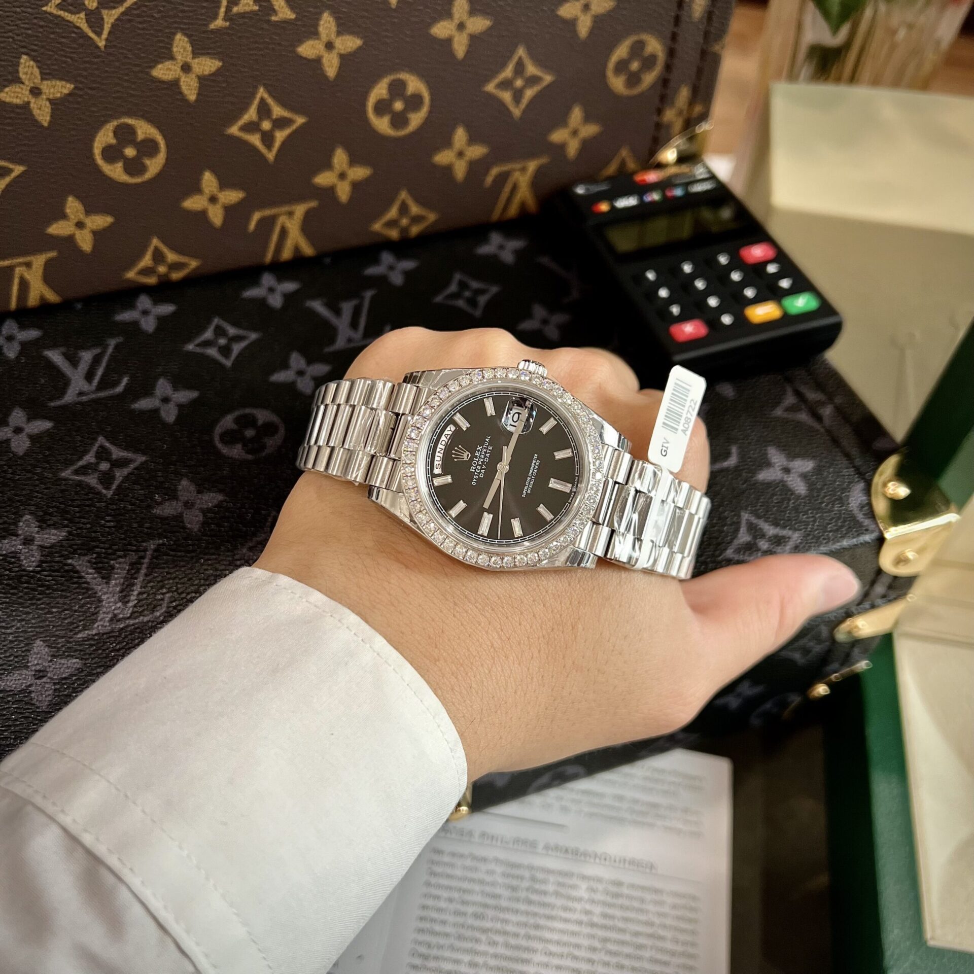 Rolex Day-Date Replica Watch Black Dial Custom Moissanite Diamonds 40mm