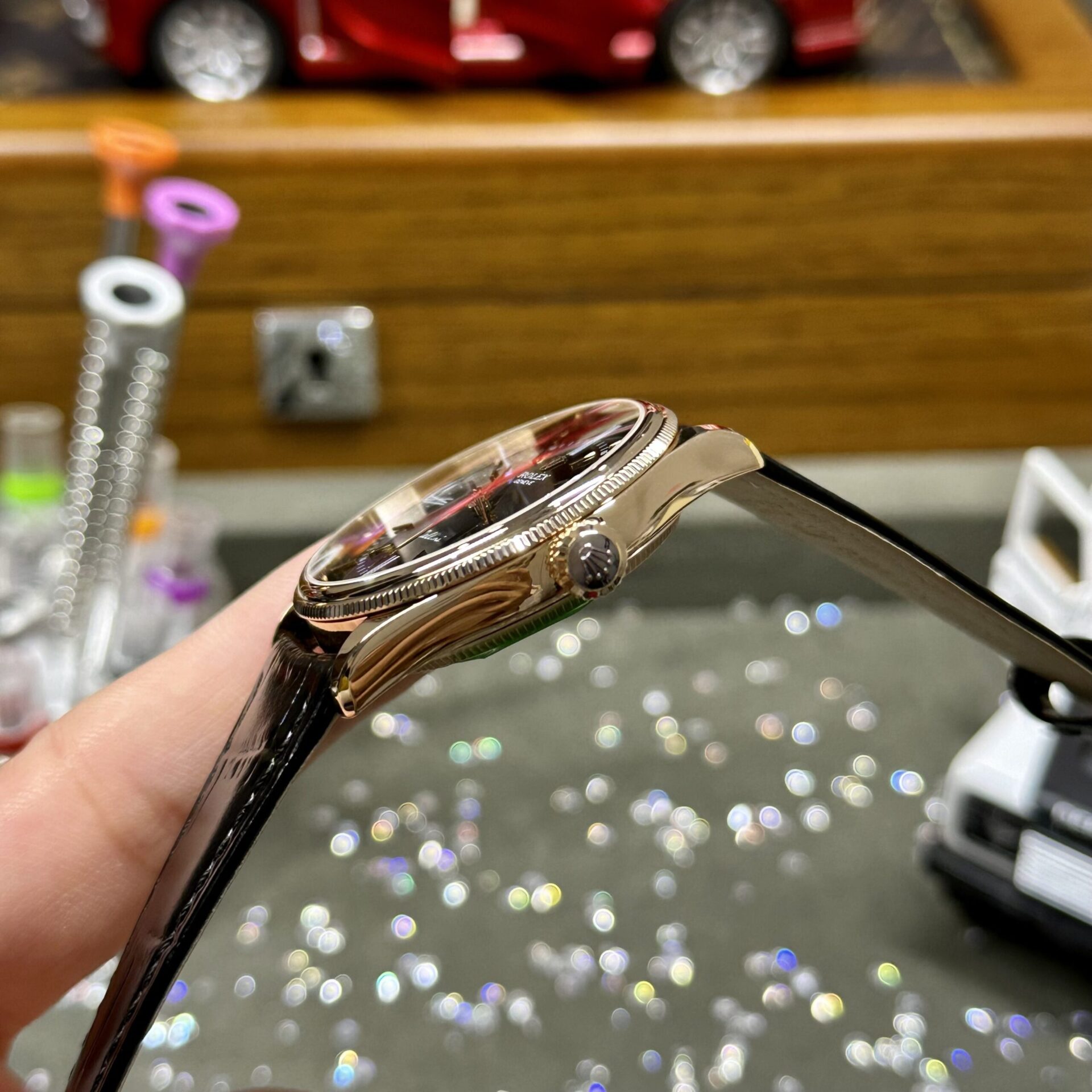 Rolex Replica Watch Cellini Time 50505 Black Dial Leather Strap 39mm