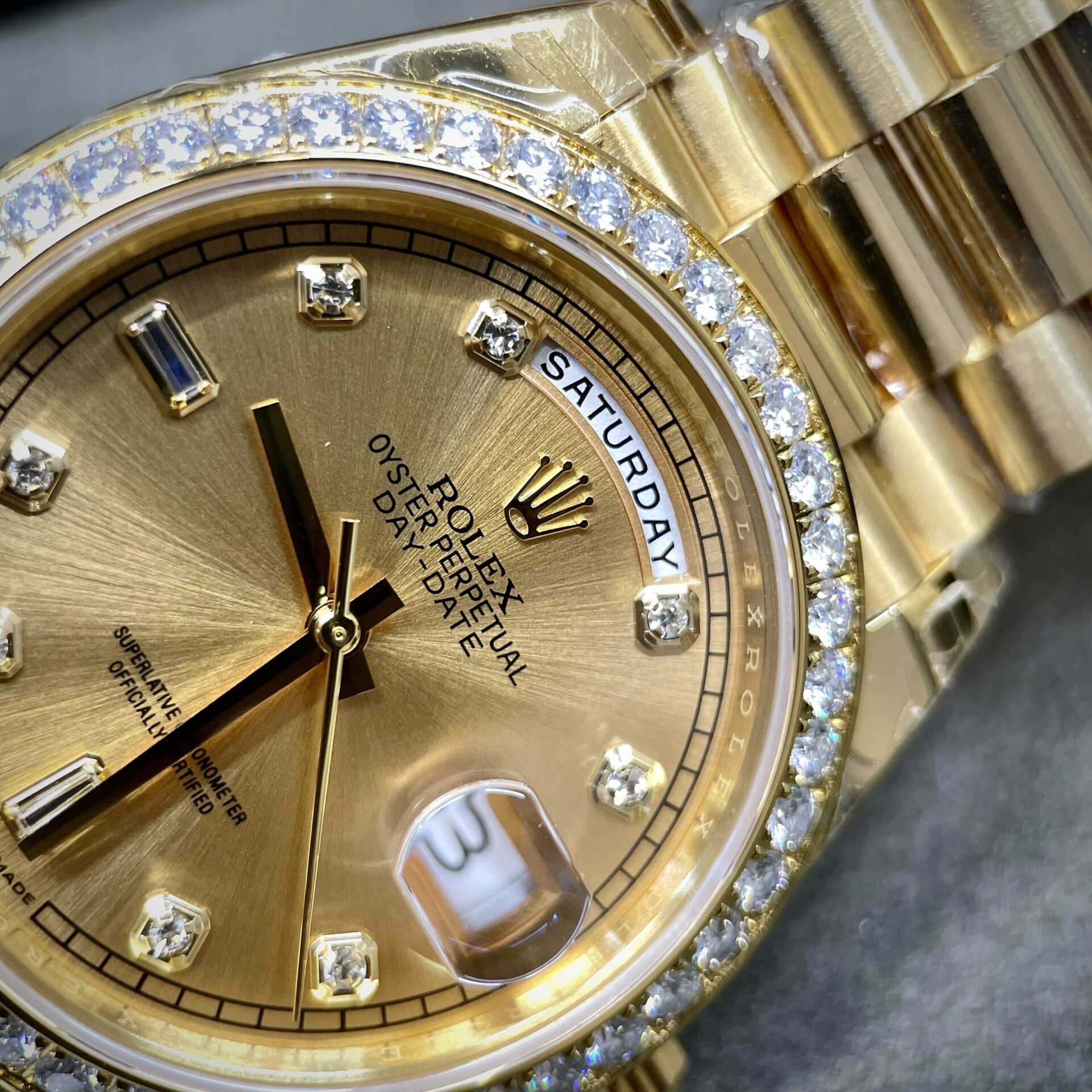 Rolex Fake Watch Day-Date Yellow Dial Custom Moissanite Diamonds 40mm