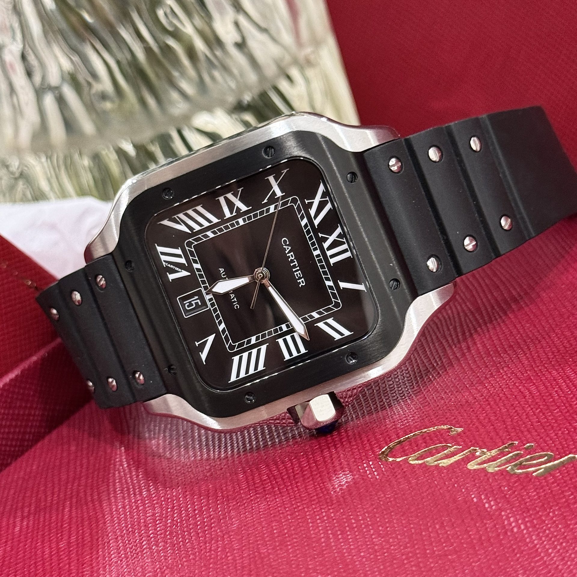 Cartier Replica Watches Santos Black Dial Roman Numeral Pile BV Factory 39.8mm