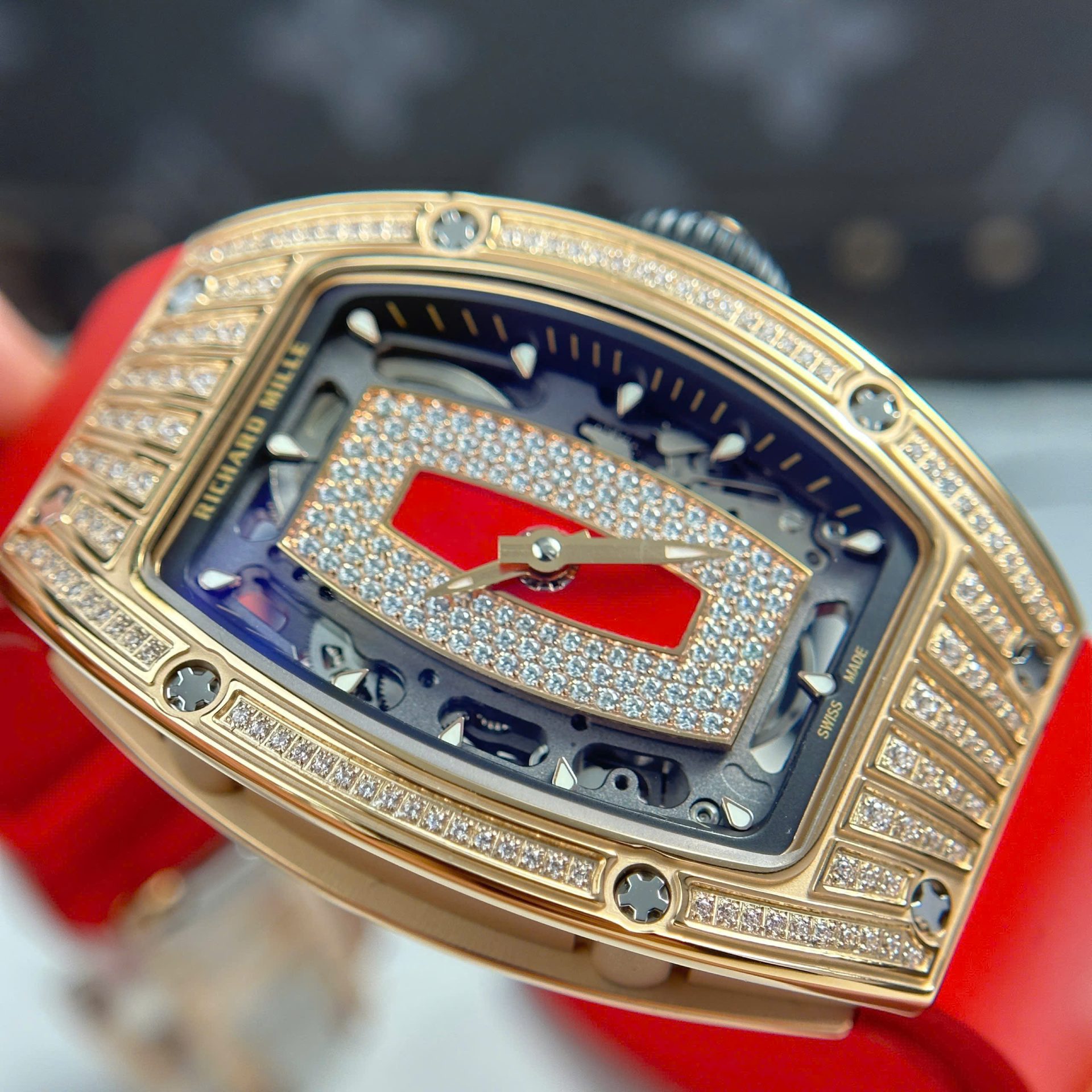 Richard Mille RM07-01 Best Replica Watches Diamonds Red Rubber Strap ZF Factory 36mm