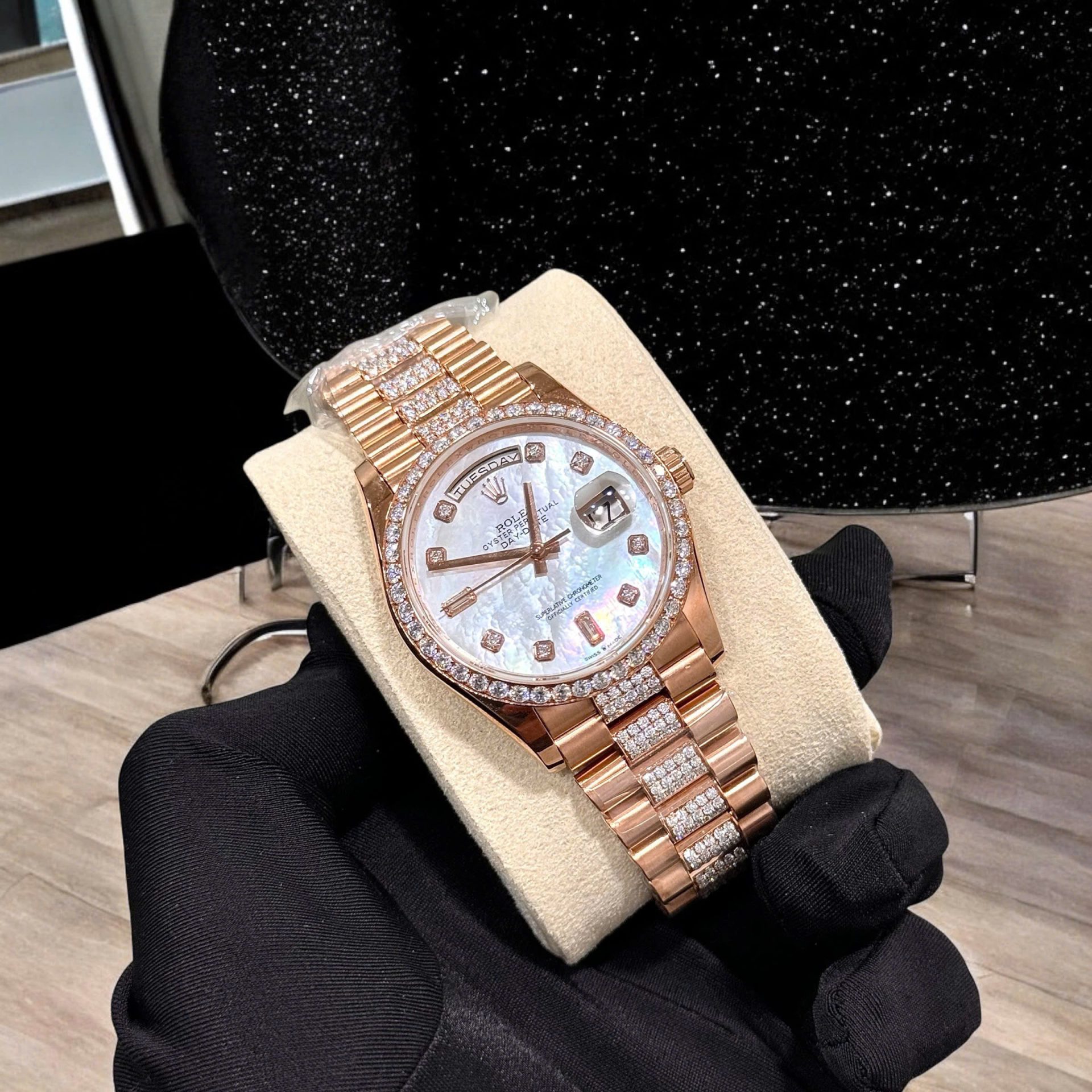 Rolex Day-Date Replica Watch Gold Wrapped Moissanite Diamonds Hong Kong 36mm