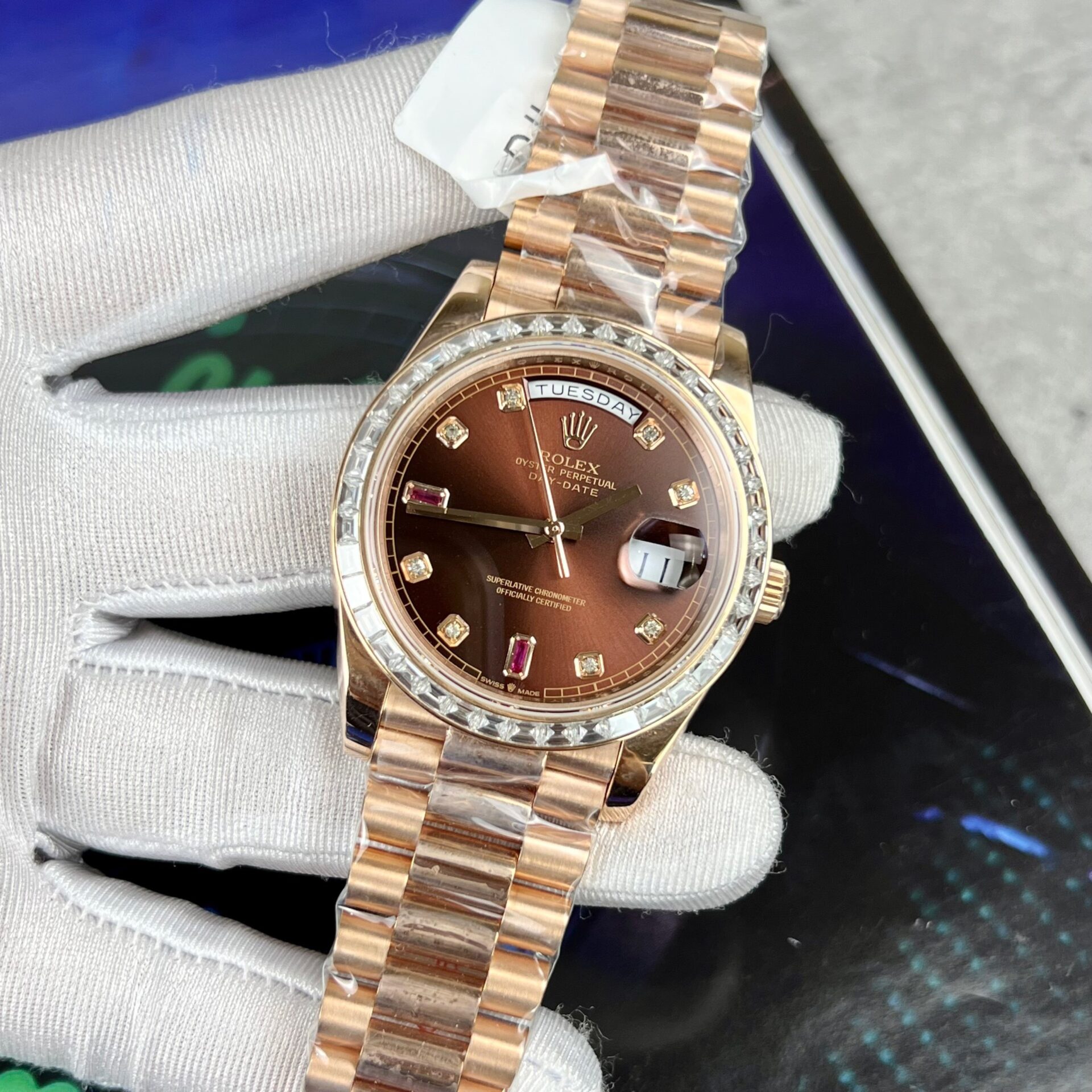 Rolex Day-Date Gold Wrapped Replica Watch With Moissanite Ruby Red Diamond 40mm