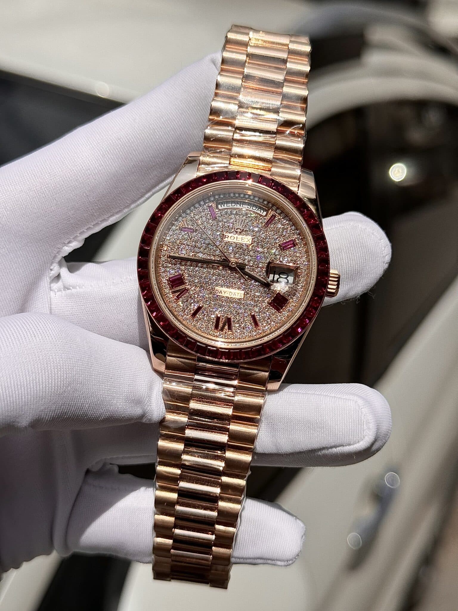 Rolex Best Replica Watch Day-Date Custom Ruby Red   Baguette Moissanite Diamonds GM Factory 40mm