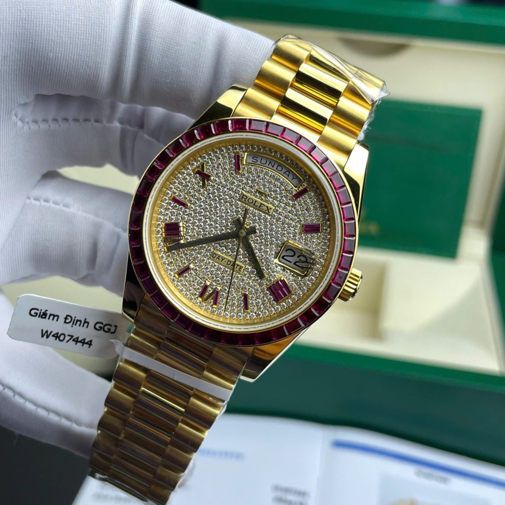 Rolex Day-Date Replica Watch Ruby Red + Moissanite Diamonds Gold Wrapped GM Factory 40mm
