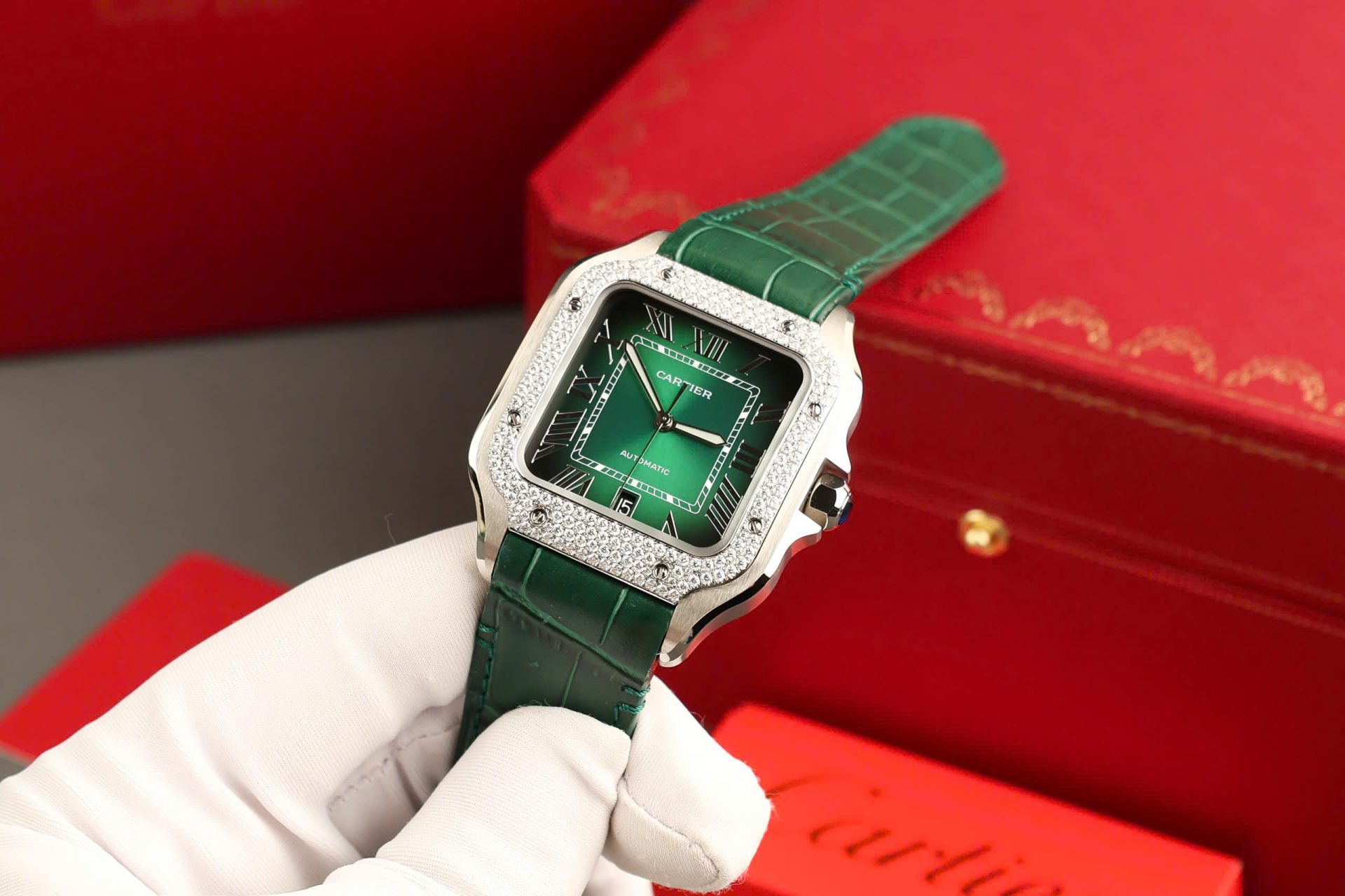 Cartier Santos Green Copies Watch Custom Diamonds Moissanite BV Factory 39.8mm