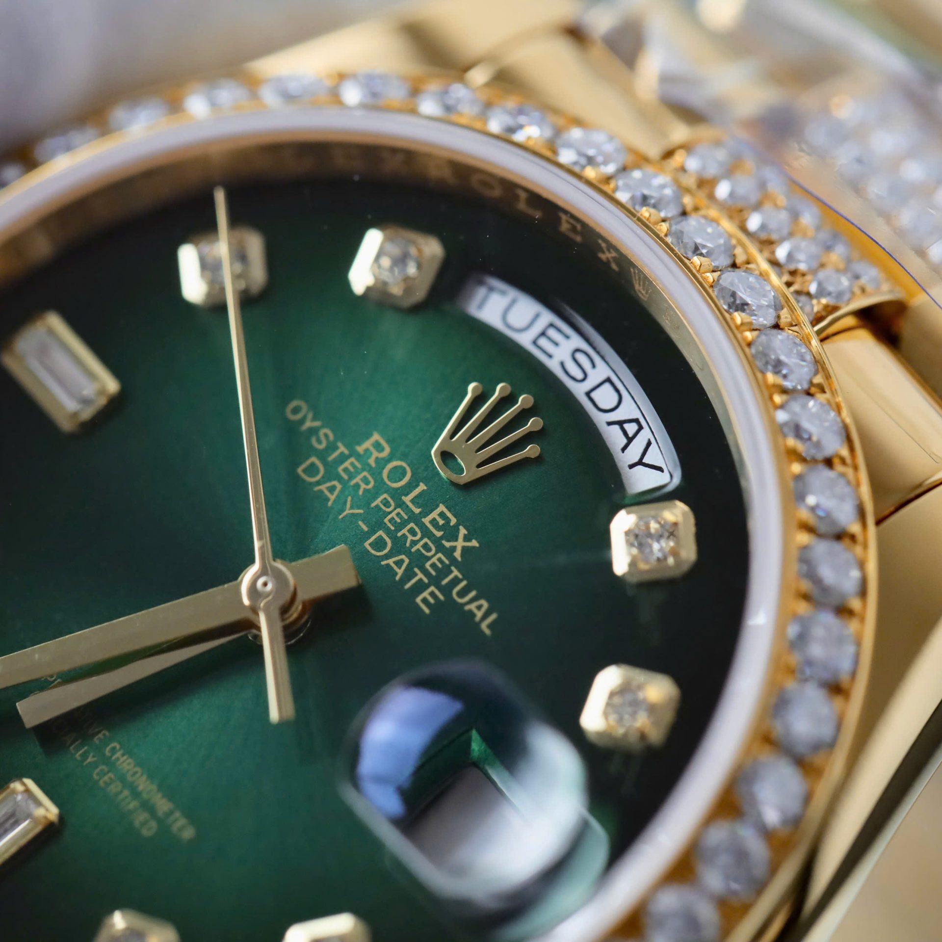 Rolex Day-Date Dial Green Ombre Copies Watch Gold Wrapped + Diamonds Moissanite Custom 36mm