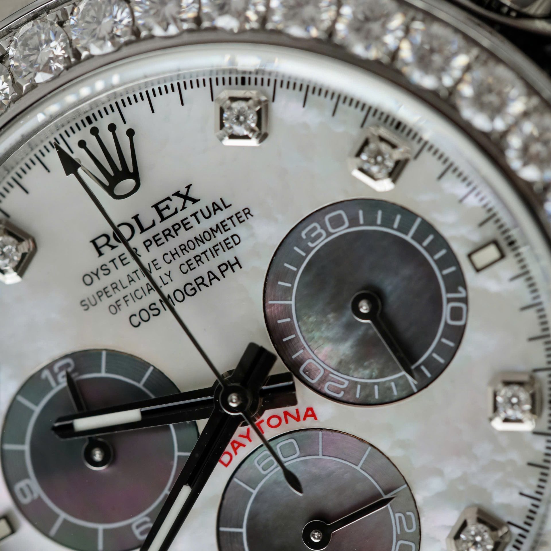 Rolex Daytona Dial MOP Replica Watch Number Pile + Bezel Diamonds Moissanite Custom 40mm