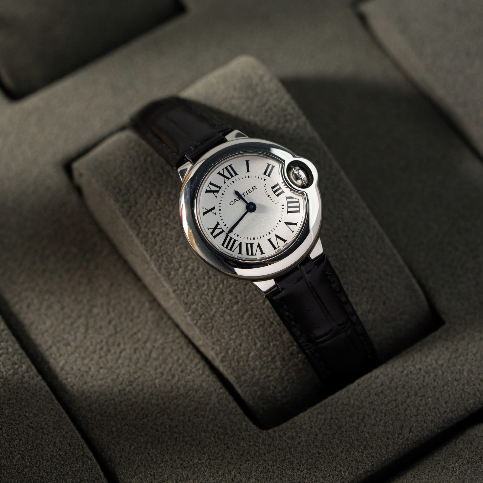 Cartier Ballon Bleu Women s Replica 11 Watch White Dial Black Leather Strap 28mm