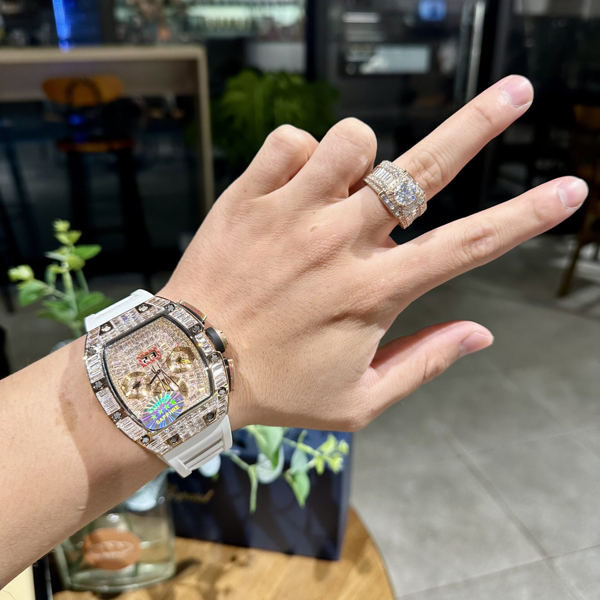 Richard Mille RM011 Replica Watch Full Diamond White Rubber Strap 44mm