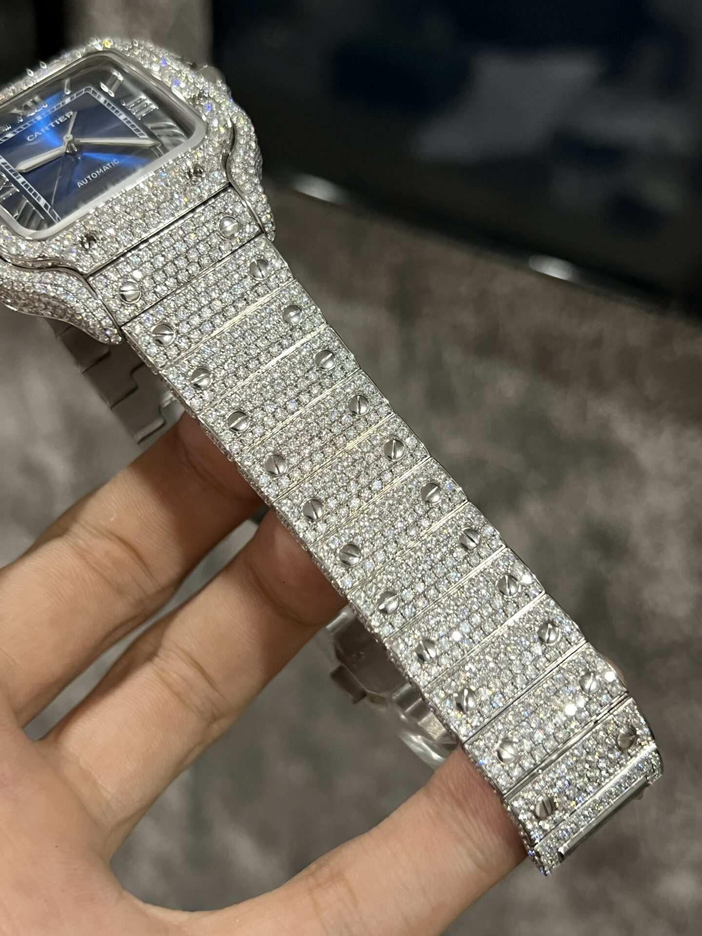 Cartier Santos Best Replica Watch Custom Moissanite Diamonds Blue Dial 39.8mm