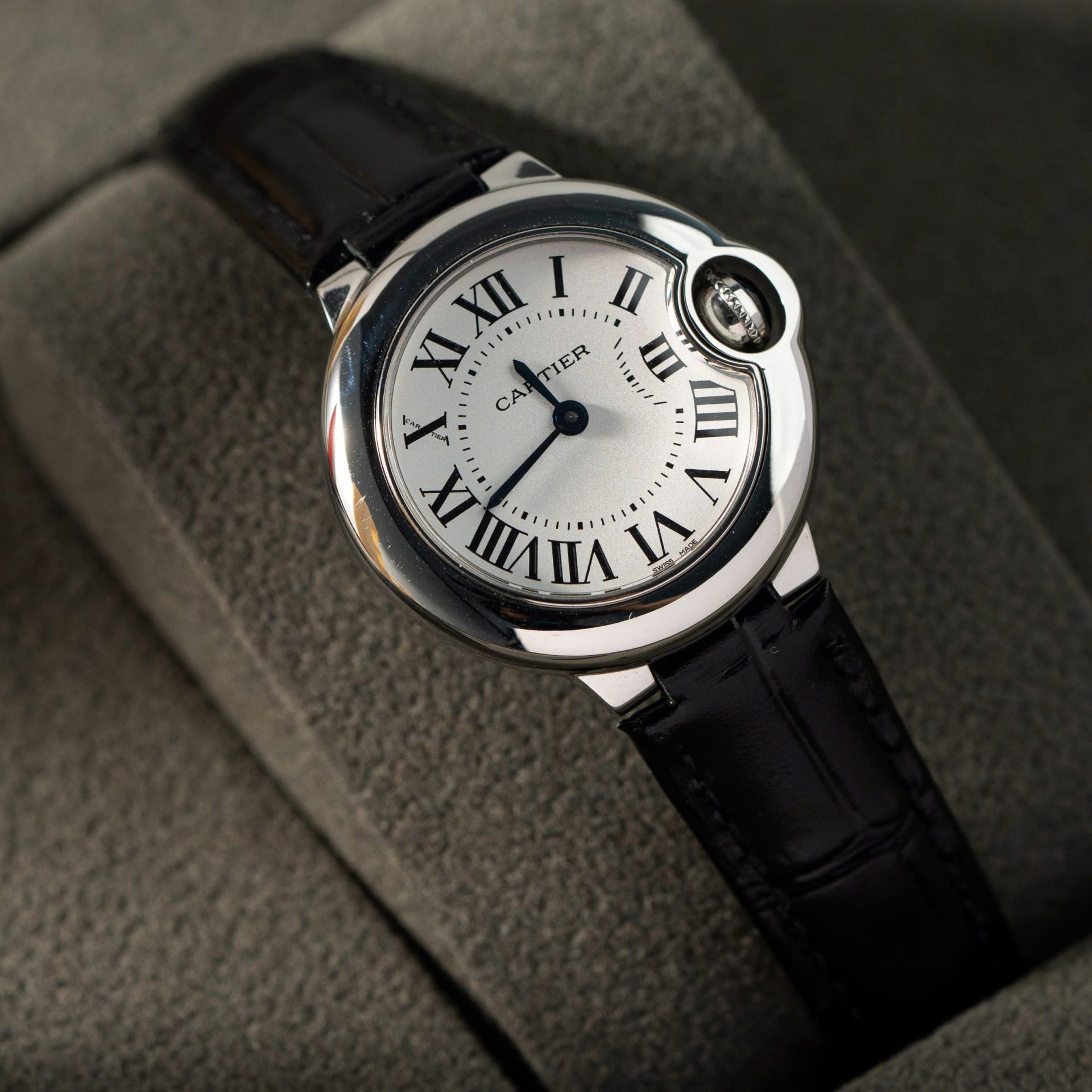 Cartier Ballon Bleu Women s Replica 11 Watch White Dial Black Leather Strap 28mm