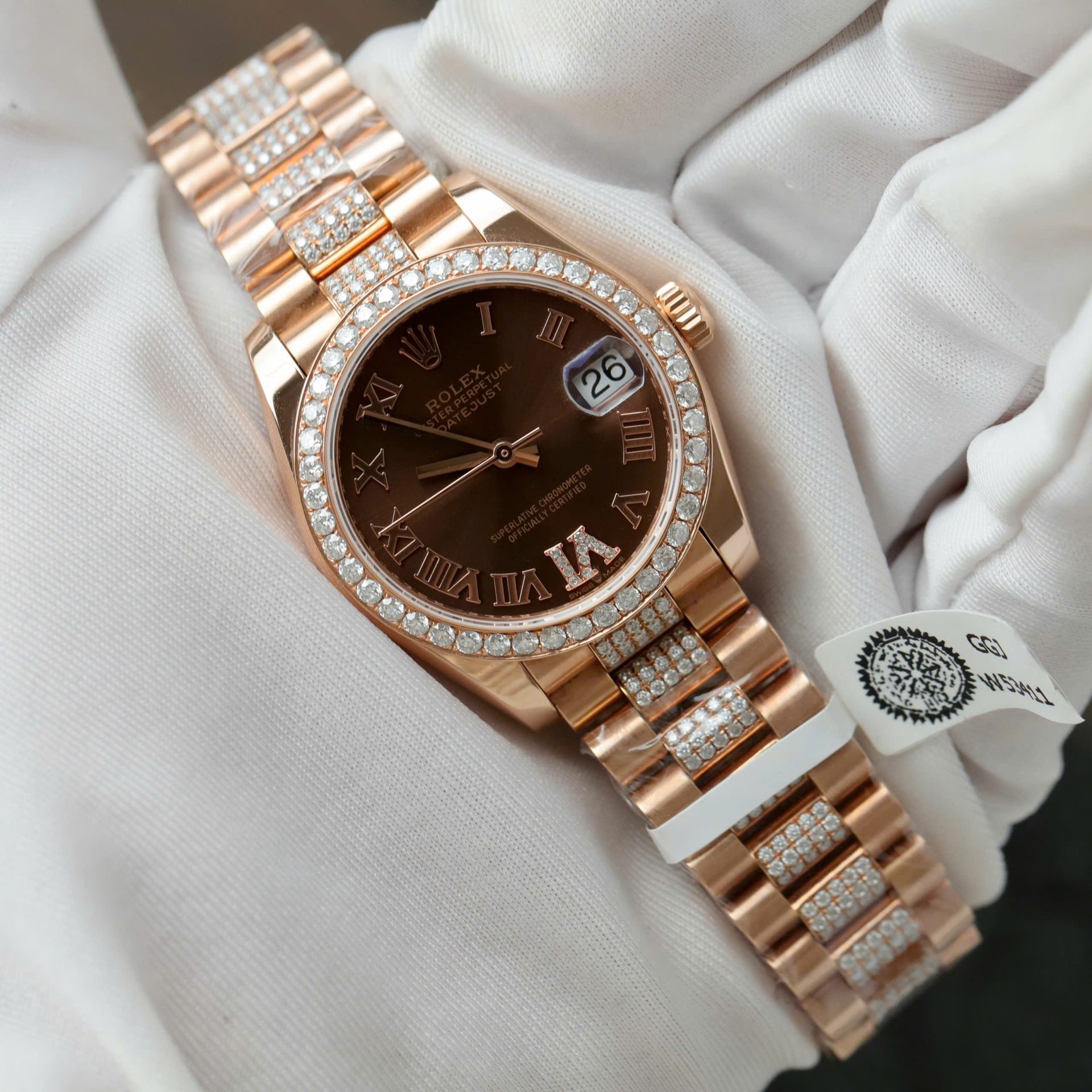 Rolex DateJust Women Dial Chocolate Copies Watches Custom Moissanite Diamonds + 18K Gold Wrapped 31mm