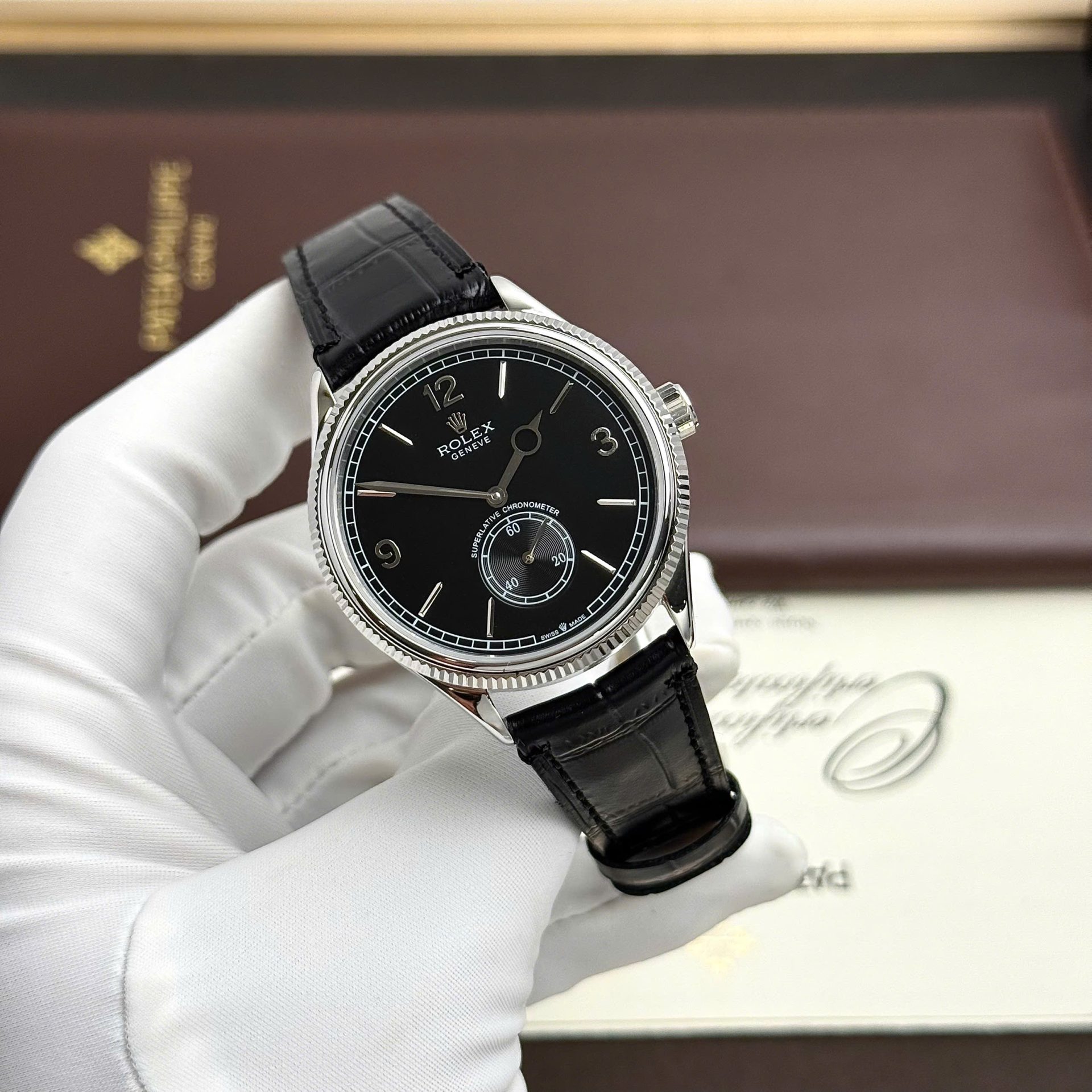 Rolex Perpetual 1908 Clone Watches Black Dial Leather Strap 39mm