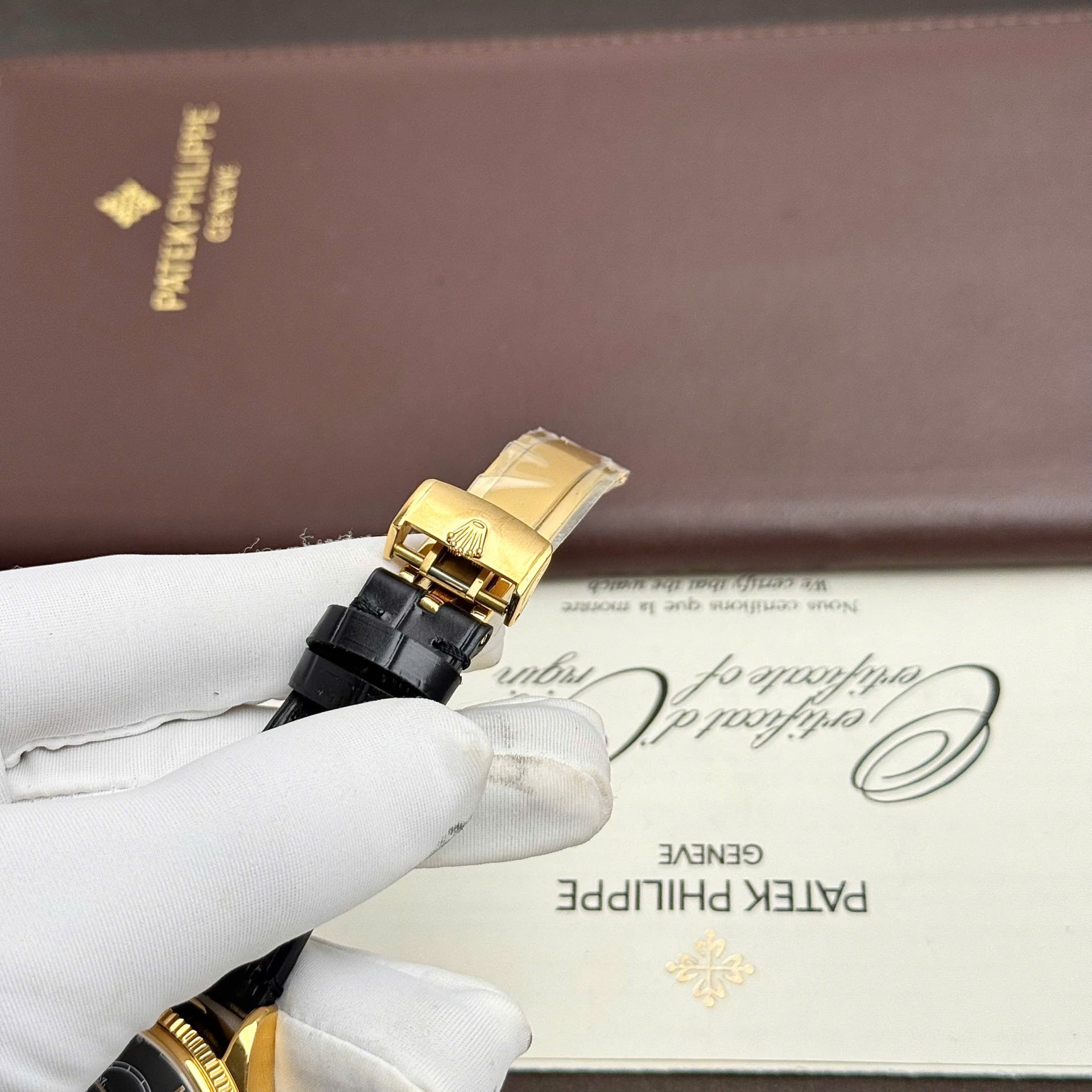 Rolex Perpetual 1908 Yellow Fake Watch Black Dial Leather Strap 39mm