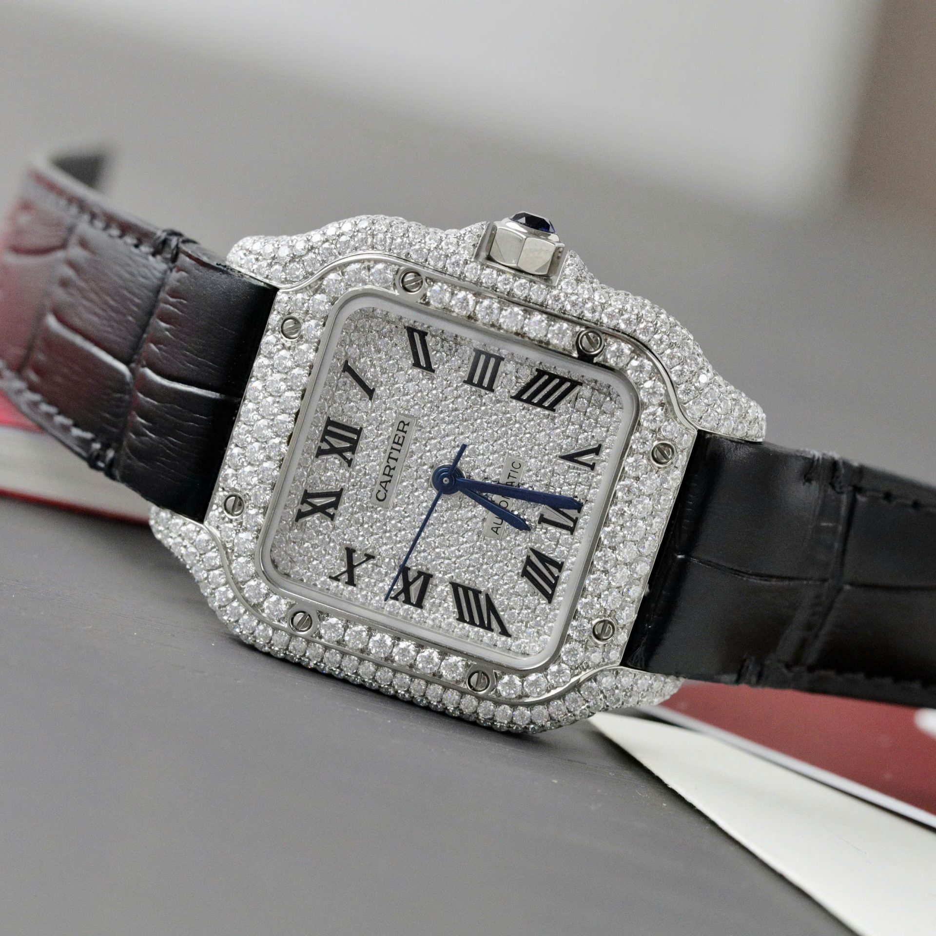 Cartier Santos Women Copies Watches Full Moissanite Diamonds Custom 35mm