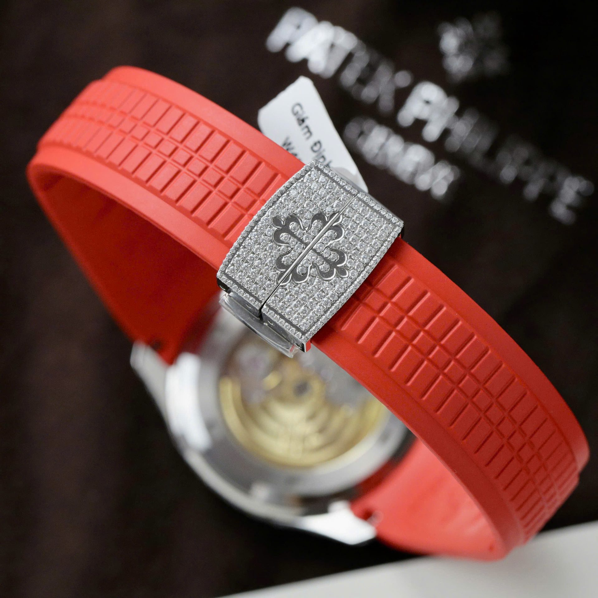 Patek Philippe Aquanaut 5167 Rep 11 Watch Custom Moissanite Diamonds Red Rubber Strap 40mm