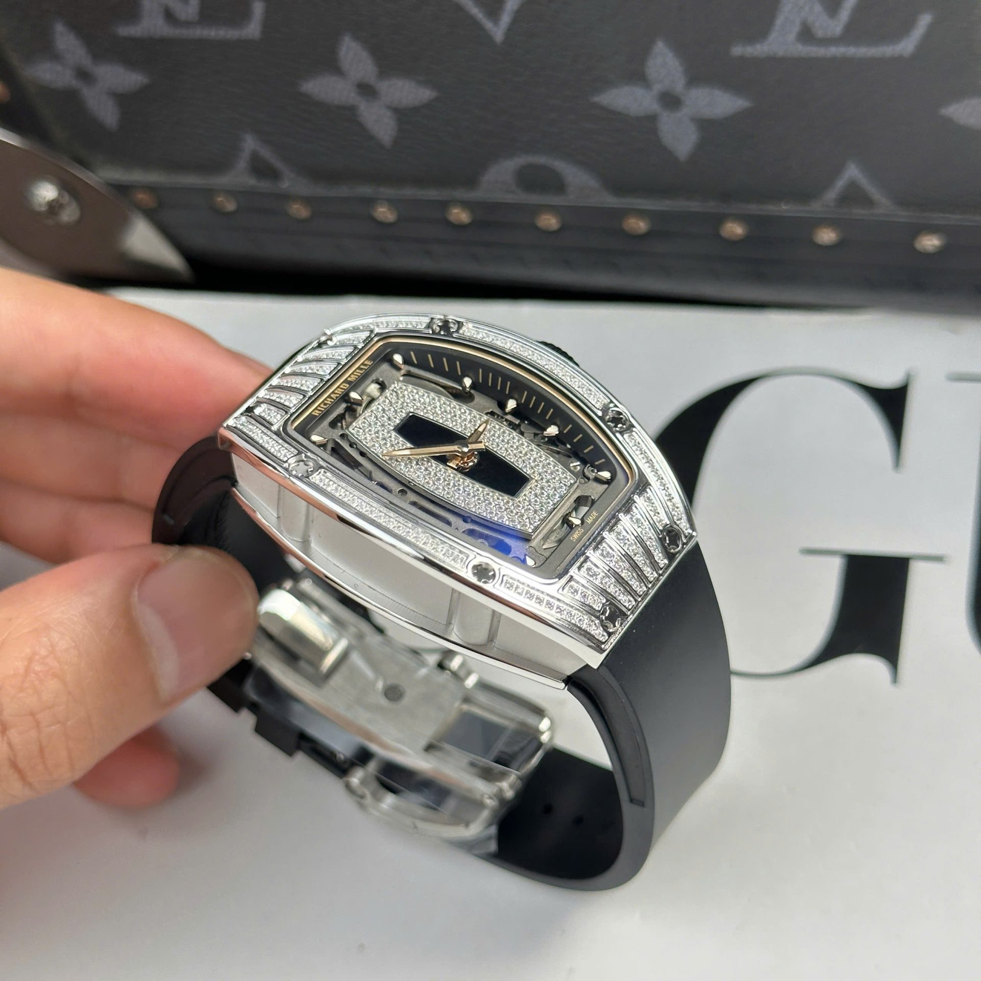 Richard Mille RM07-01 Best Replica Watches Diamonds Black Rubber Strap ZF Factory 36mm