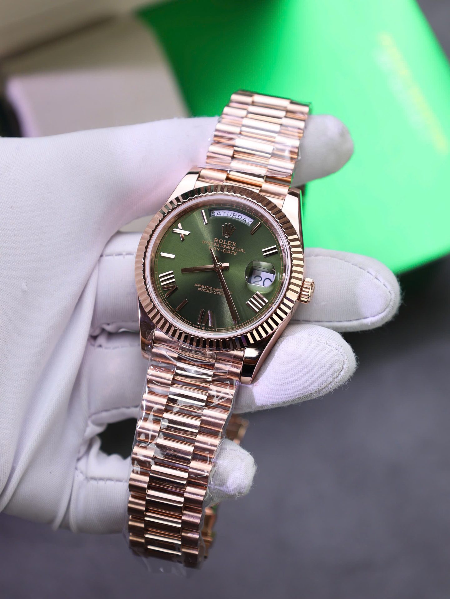 Rolex Day-Date Green Dial Replica Watch Gold Wrapped Weight 186Gram QF 40mm