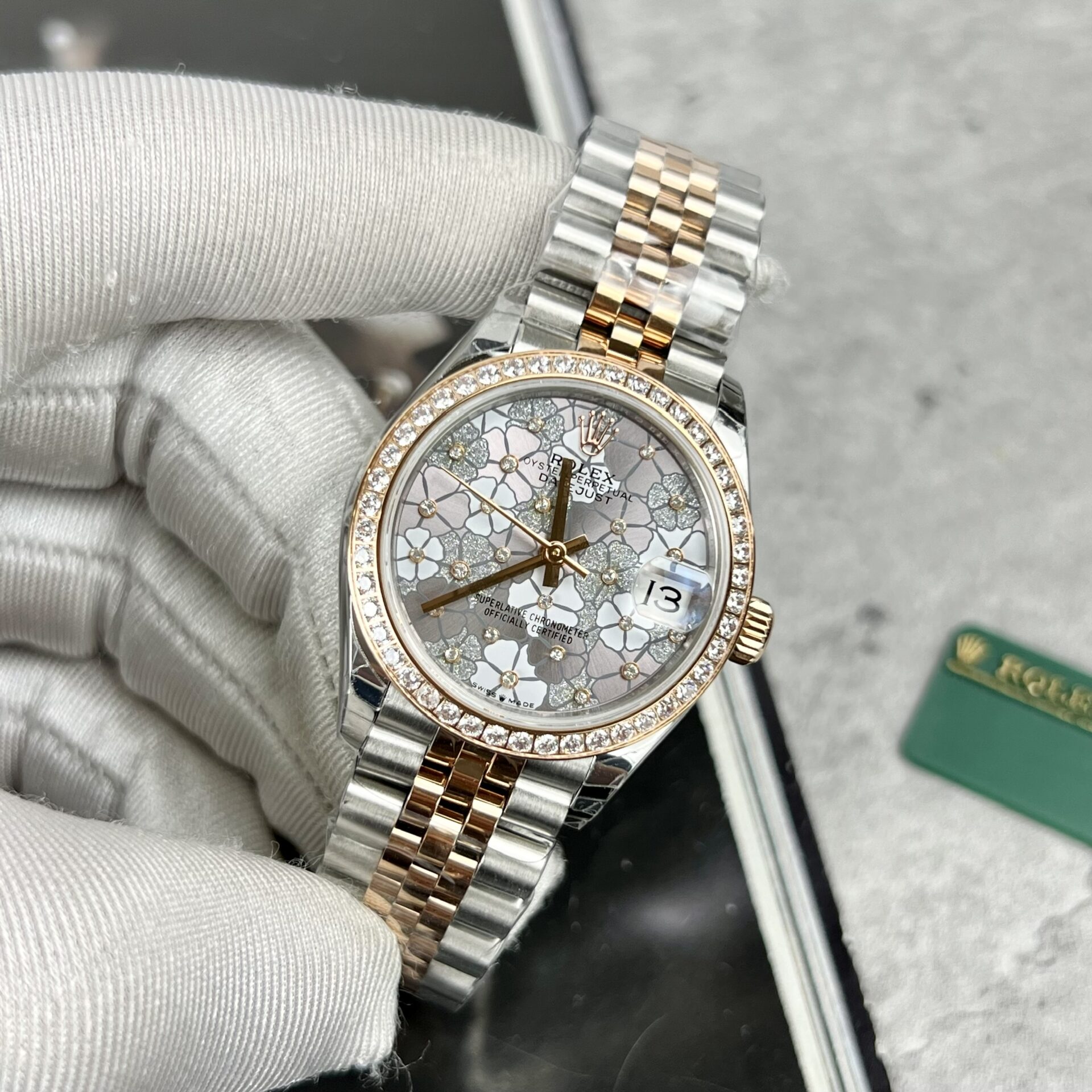 Rolex DateJust Replica Watch Flower Dial With Diamond Bezel 31mm
