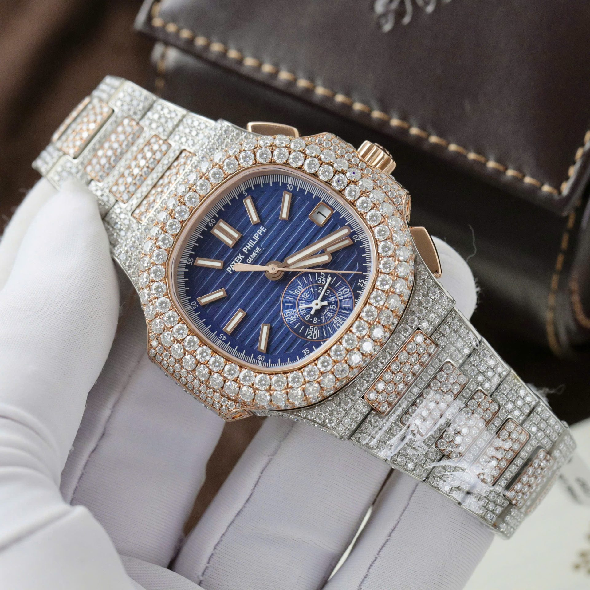 Patek Philippe Nautilus 5980 Replica Watch 18K Gold Wrapped + Diamonds Moissanite Custom 40.5mm