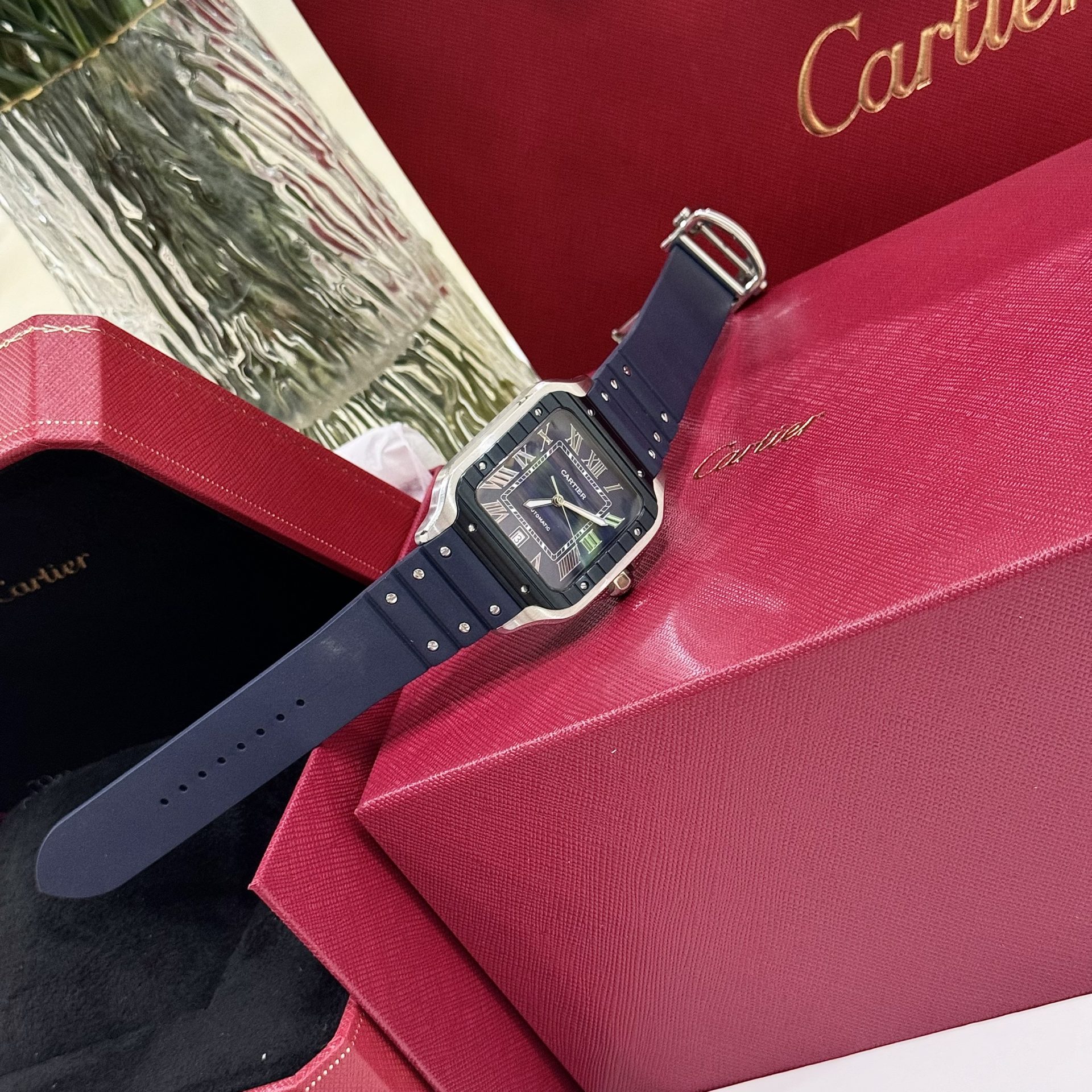 Cartier Santos Replica 1:1 Watch Rubber Blue Strap BV Factory 39.8mm