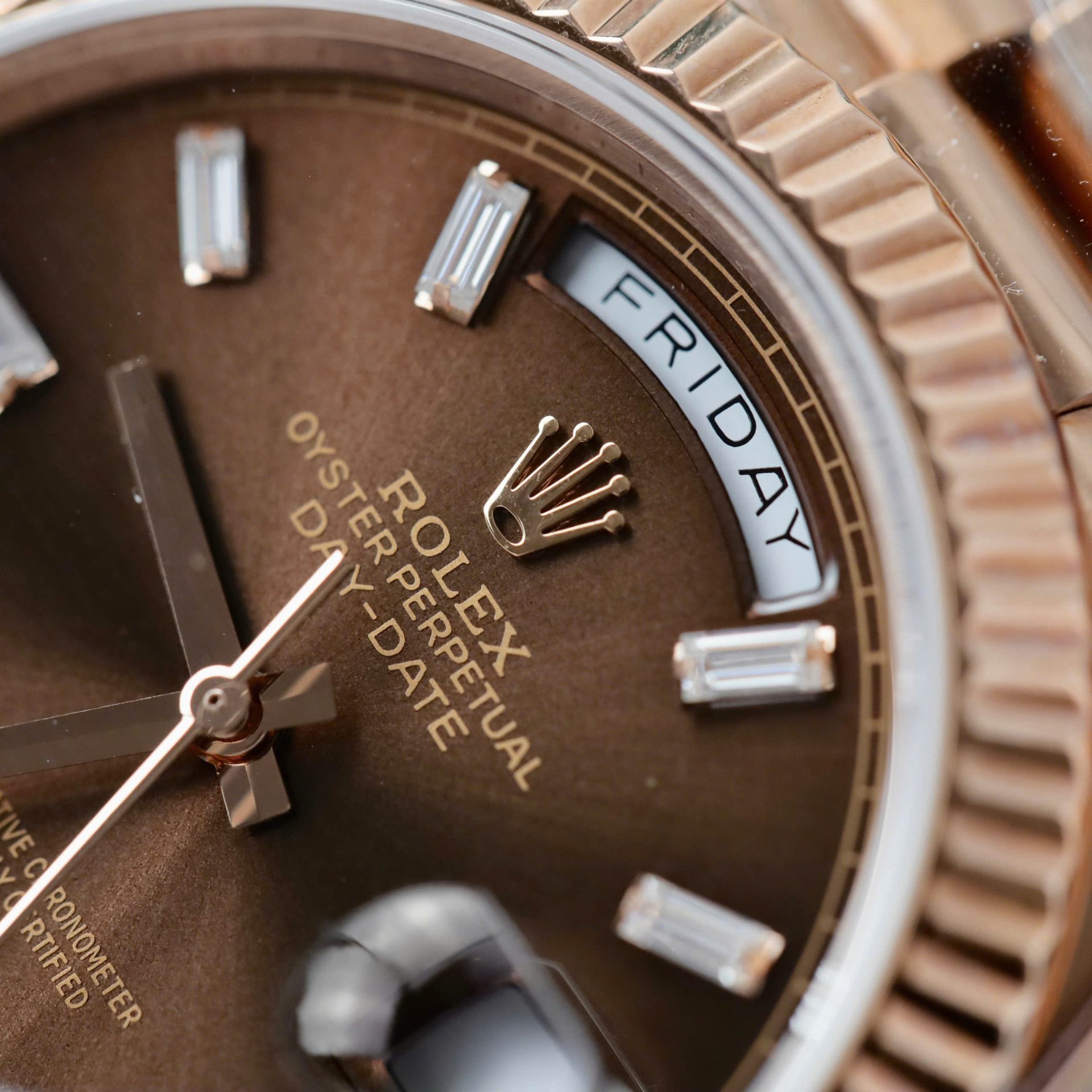 Rolex Day-Date Chocolate Dial Copies Watches Gold Wrapped + Moissanite Dial Markers Custom 40mm