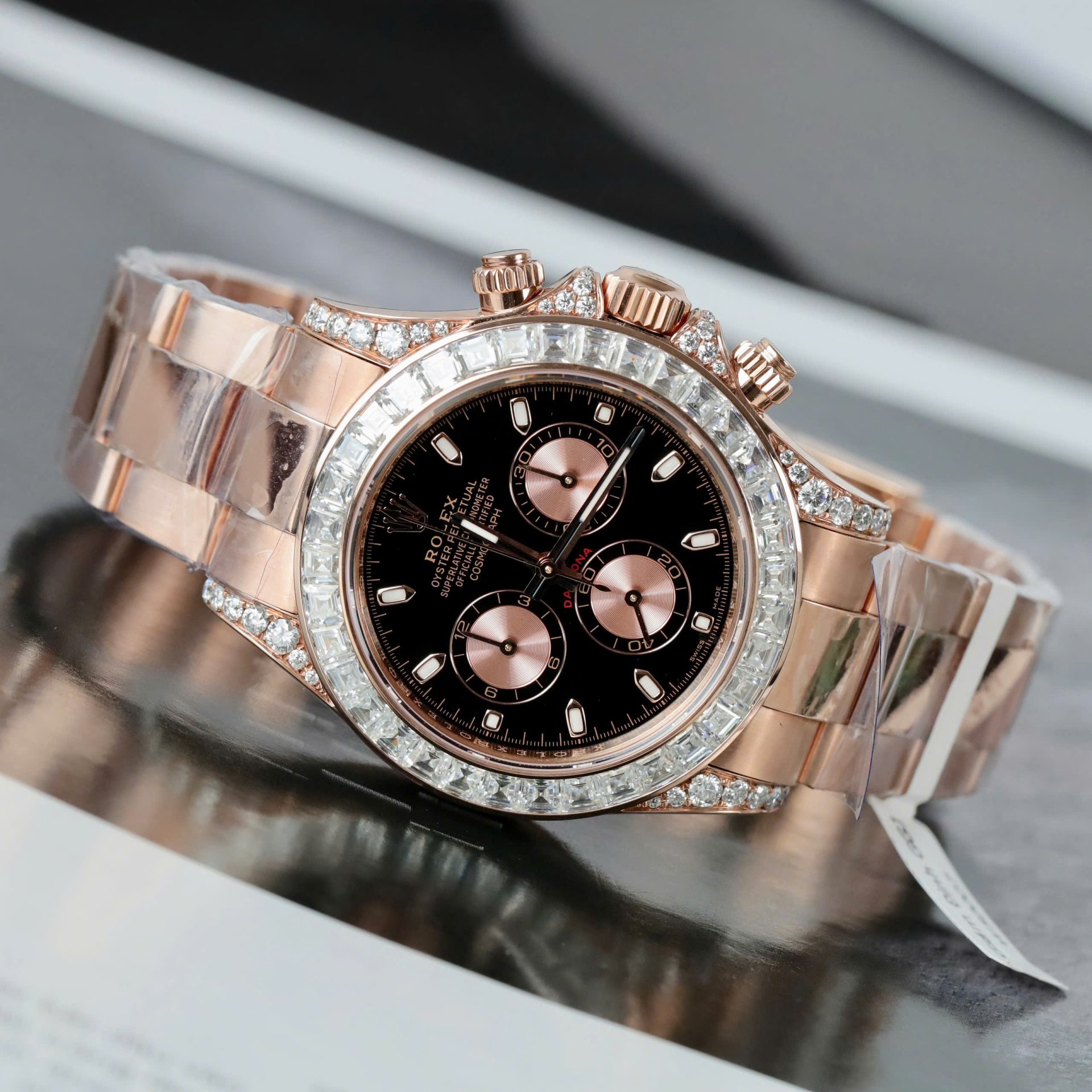 Rolex Daytona Dial Black Copies Watches Gold Wrapped + Diamonds Moissanite Baguette 40mm