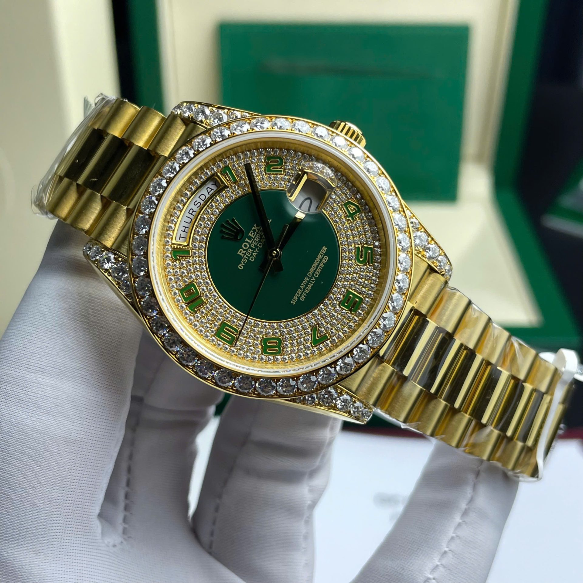 Rolex Day-Date Replica Watch Gold Wrapped + Moissanite Diamonds Weight 173 Gram 40mm