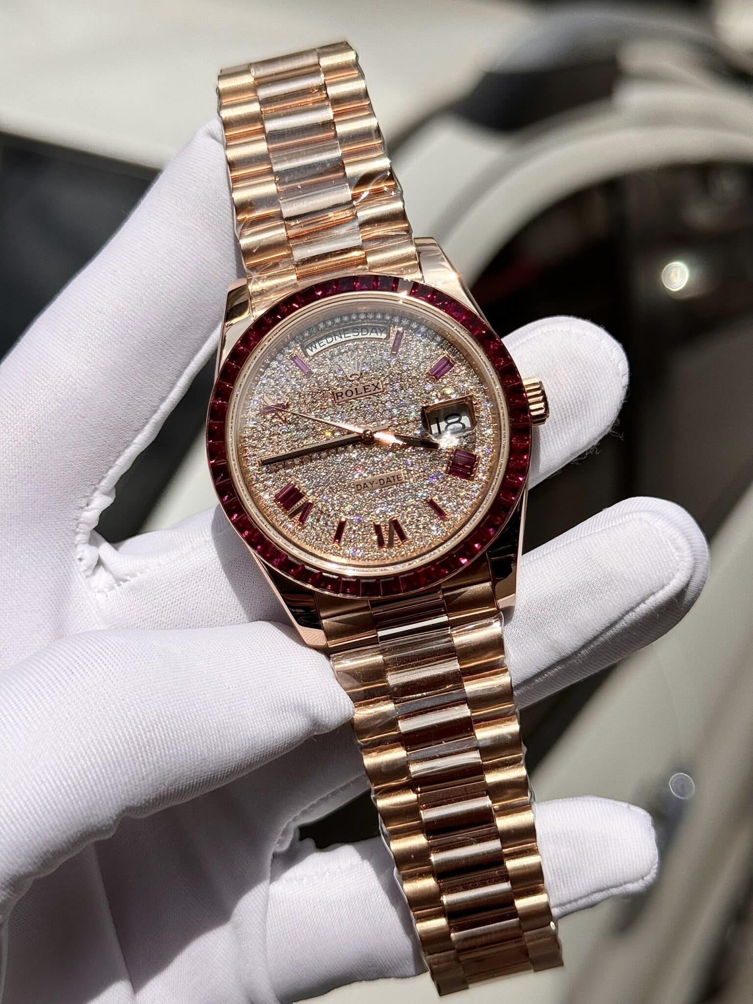 Rolex Best Replica Watch Day-Date Custom Ruby Red   Baguette Moissanite Diamonds GM Factory 40mm