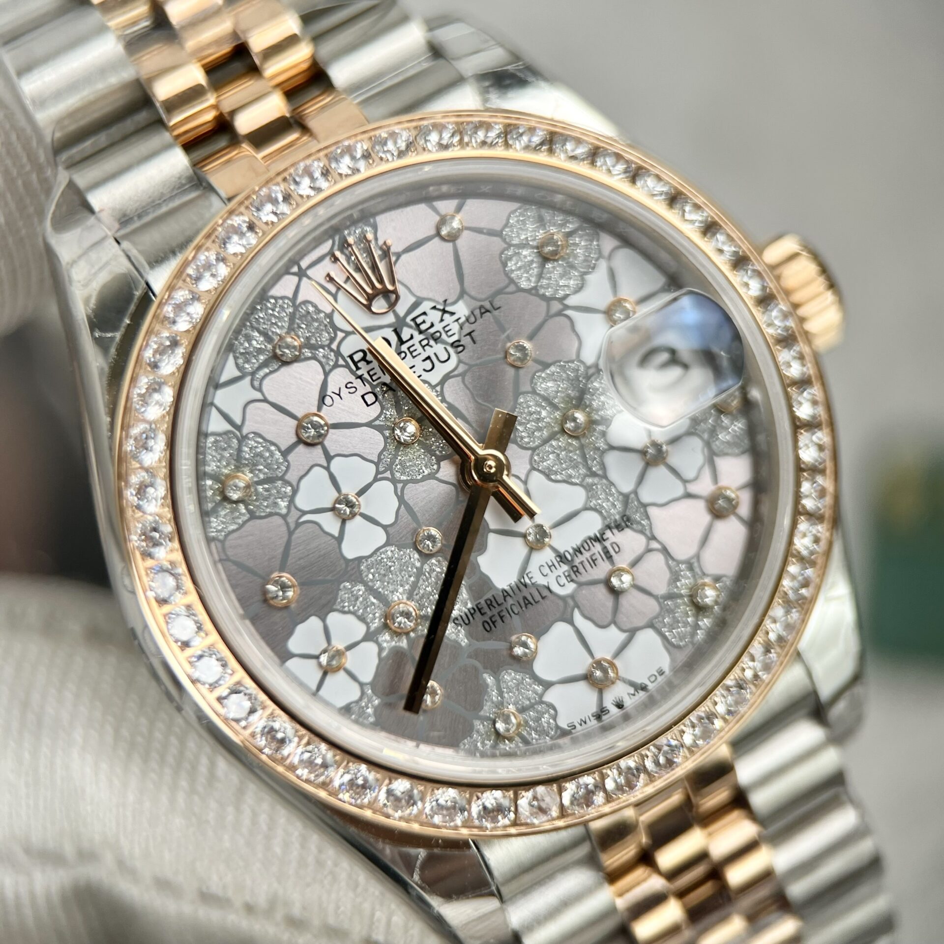Rolex DateJust Replica Watch Flower Dial With Diamond Bezel 31mm