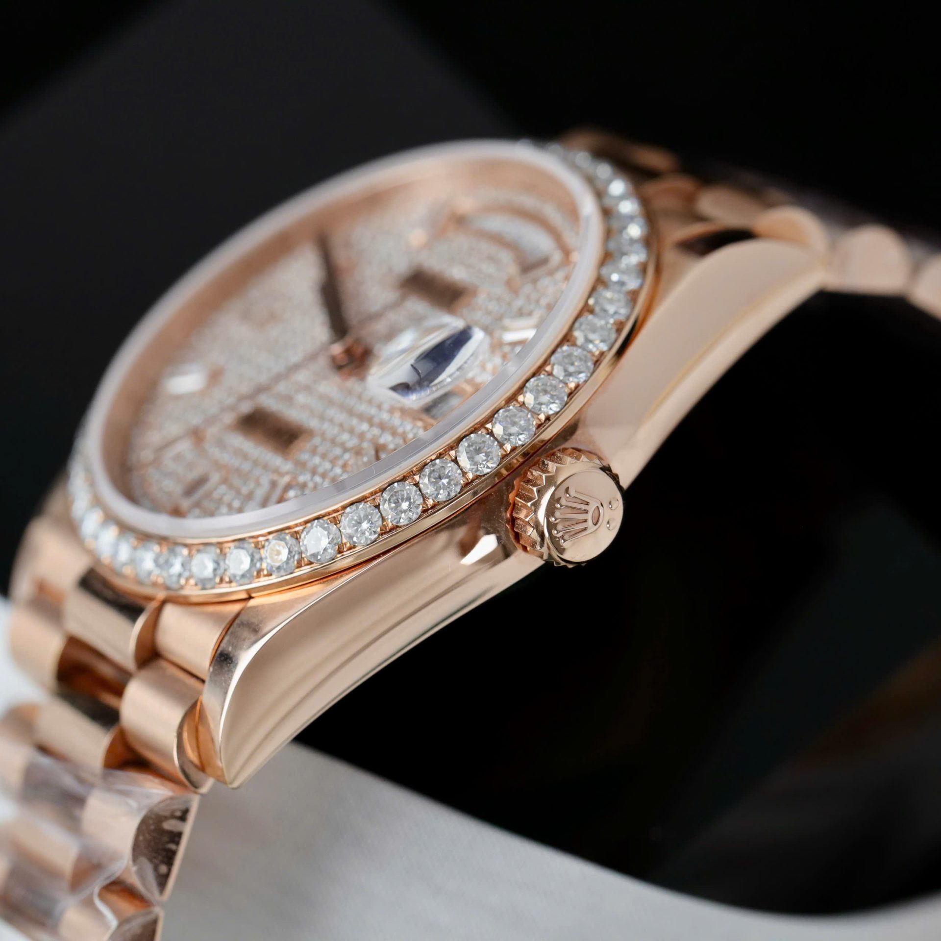 Rolex Day-Date Copies Watches 18K Rose Gold Wrapped + Moissanite Diamonds GM Factory 36mm