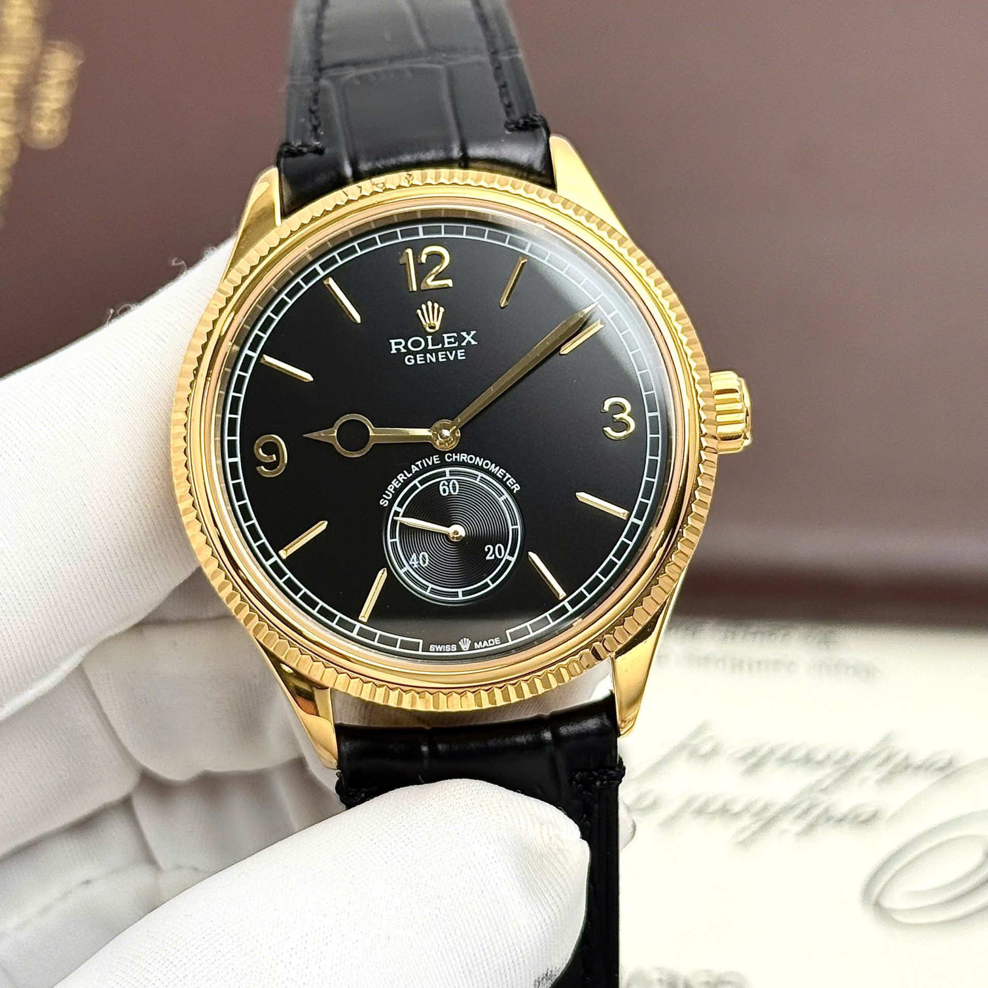 Rolex Perpetual 1908 Yellow Fake Watch Black Dial Leather Strap 39mm