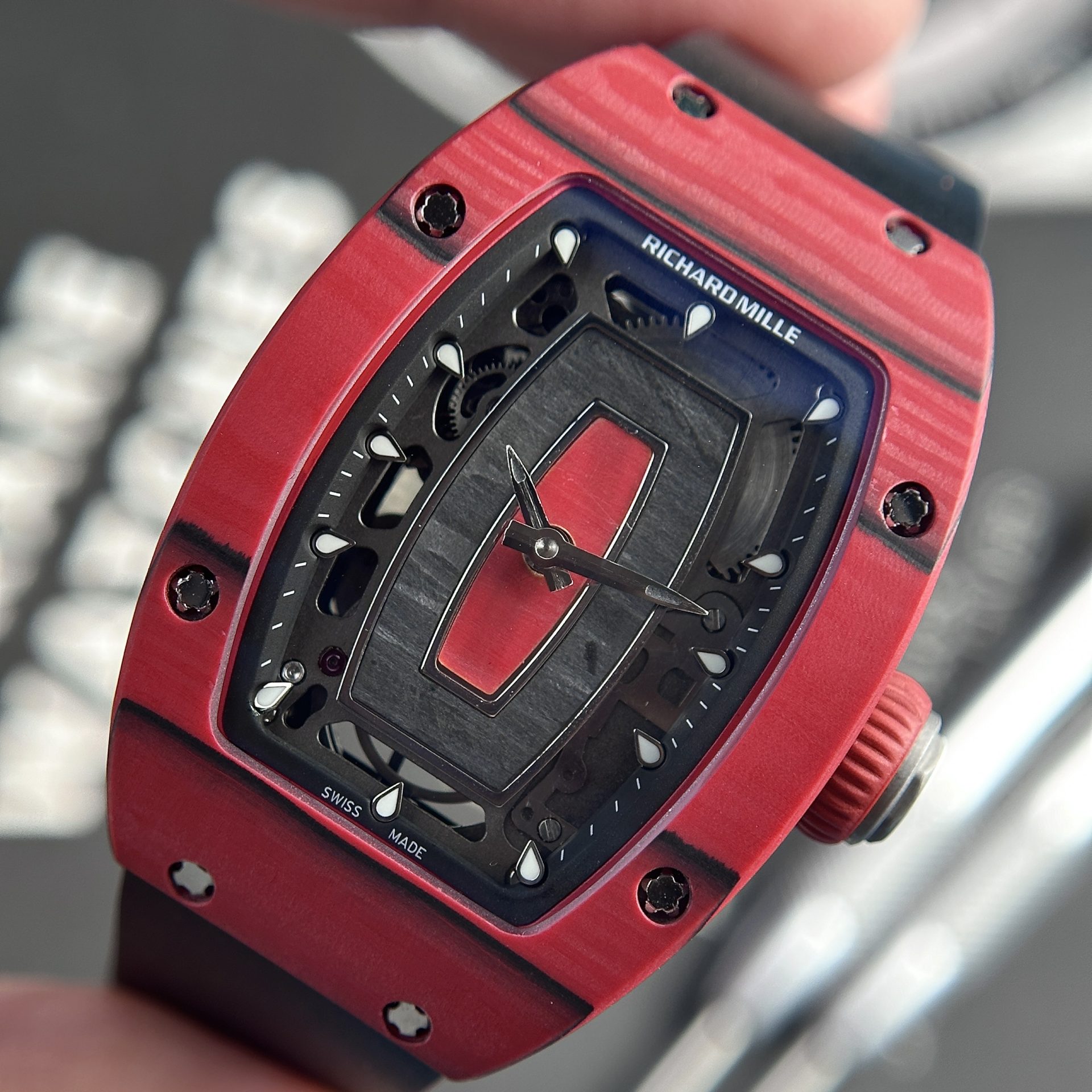 Richard Mille Replica Watches RM07-01 Red Carbon Rubber Strap 32x46mm