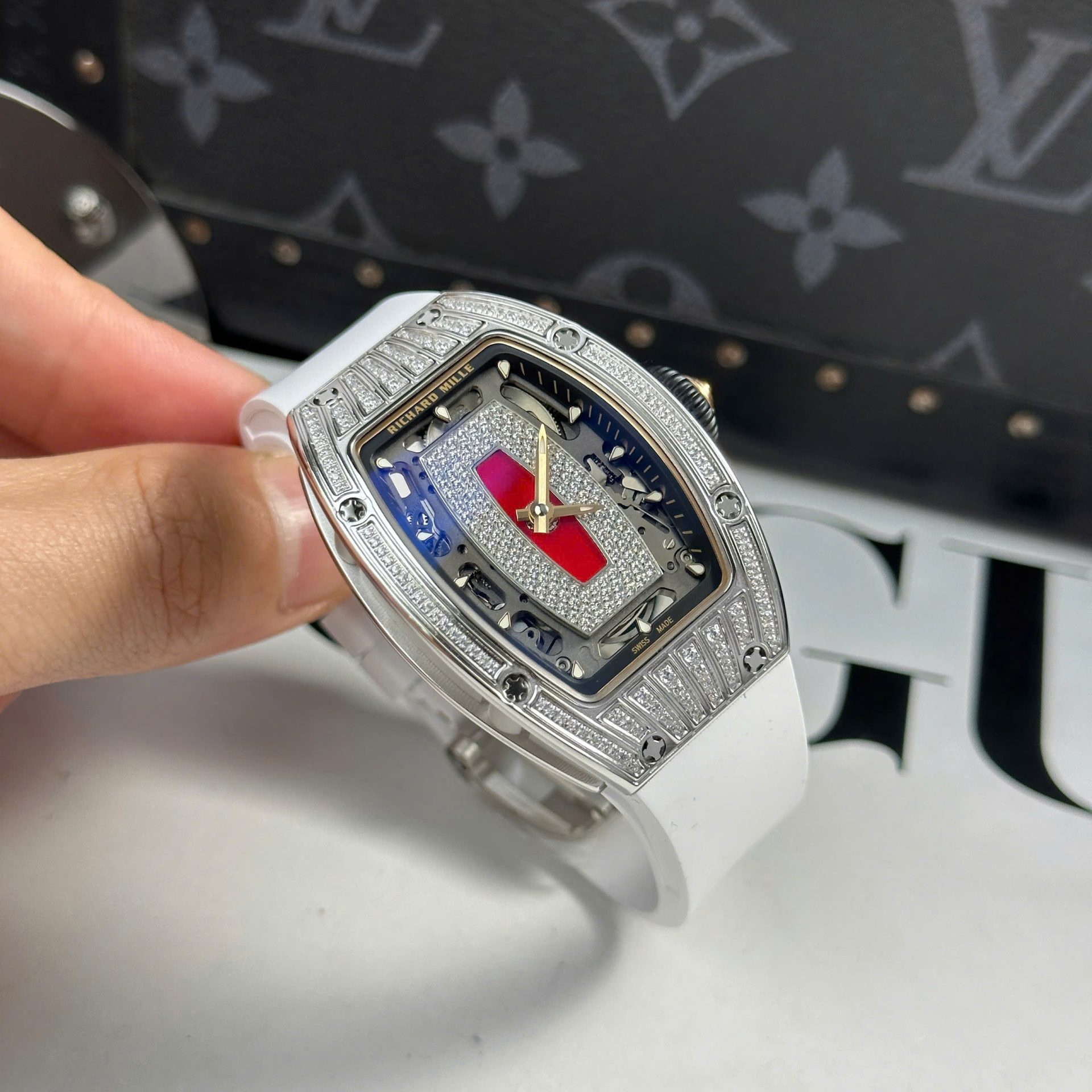 Richard Mille RM07-01 Best Replica Watches Diamonds White Rubber Strap ZF Factory 36mm