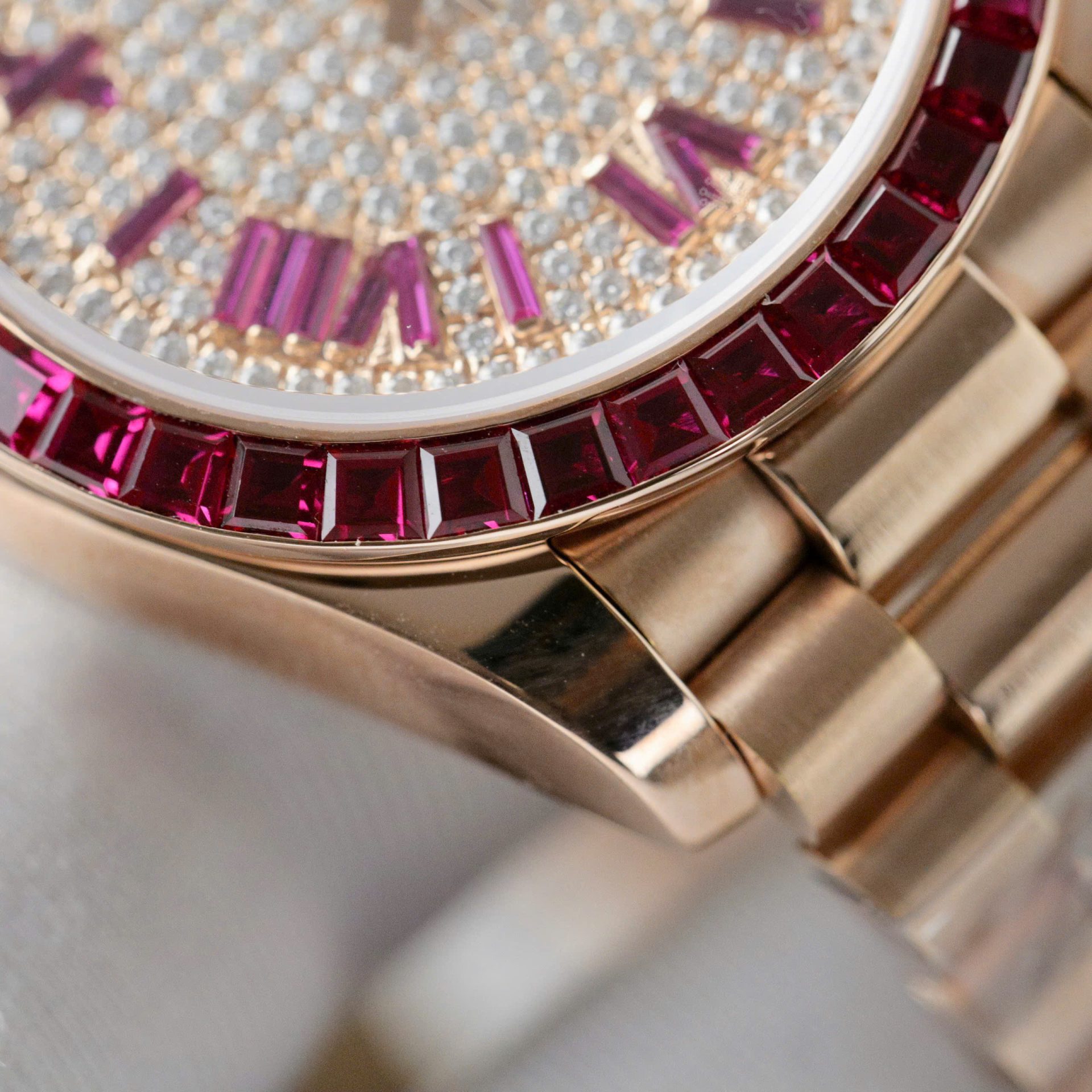 Rolex DateJust Women Custom Gold Wrapped + Ruby Baguette + Diamonds Moissanite 31mm