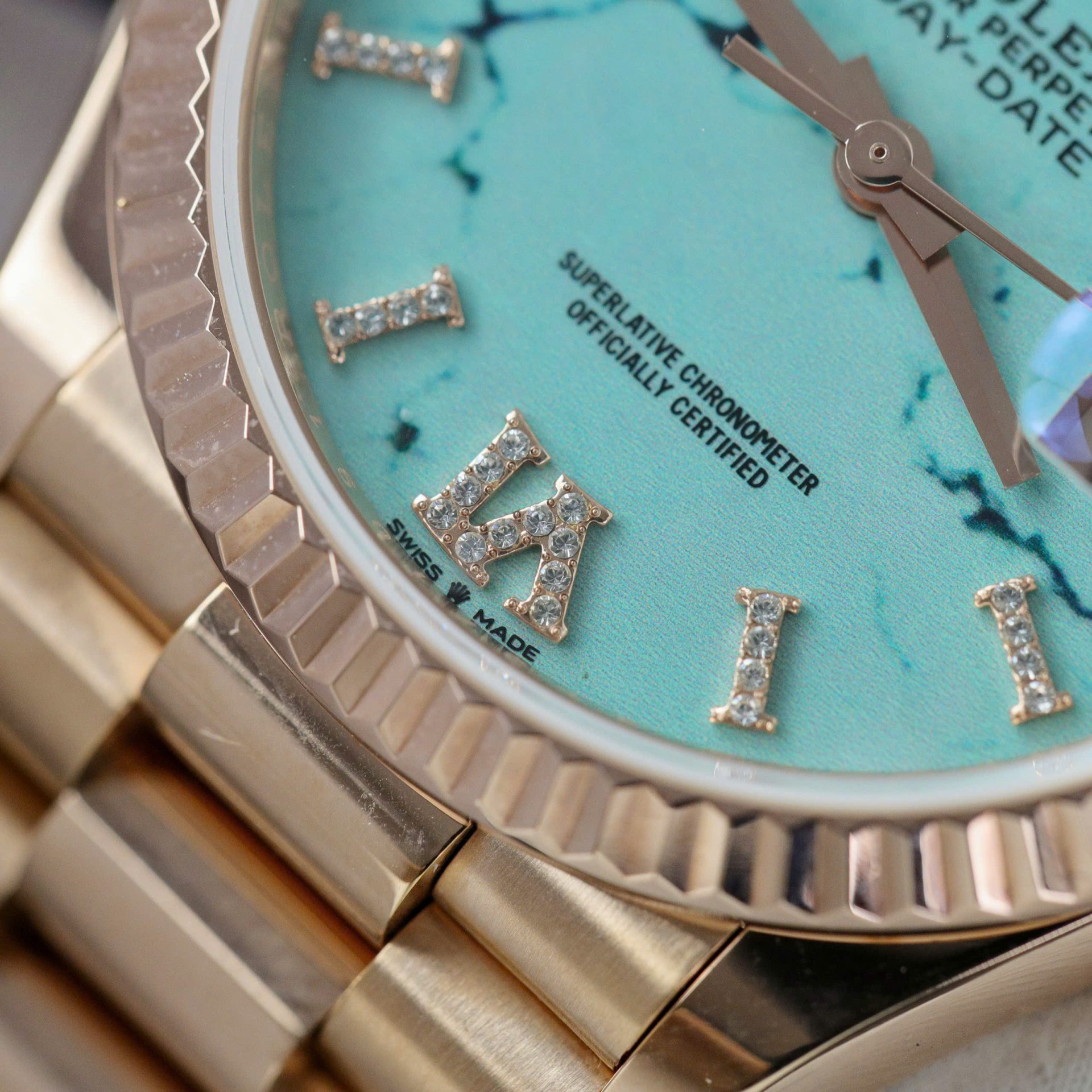 Rolex Best Replica Watch Day-Date 128238 Dial Turquoise Gold Wrapped 36mm