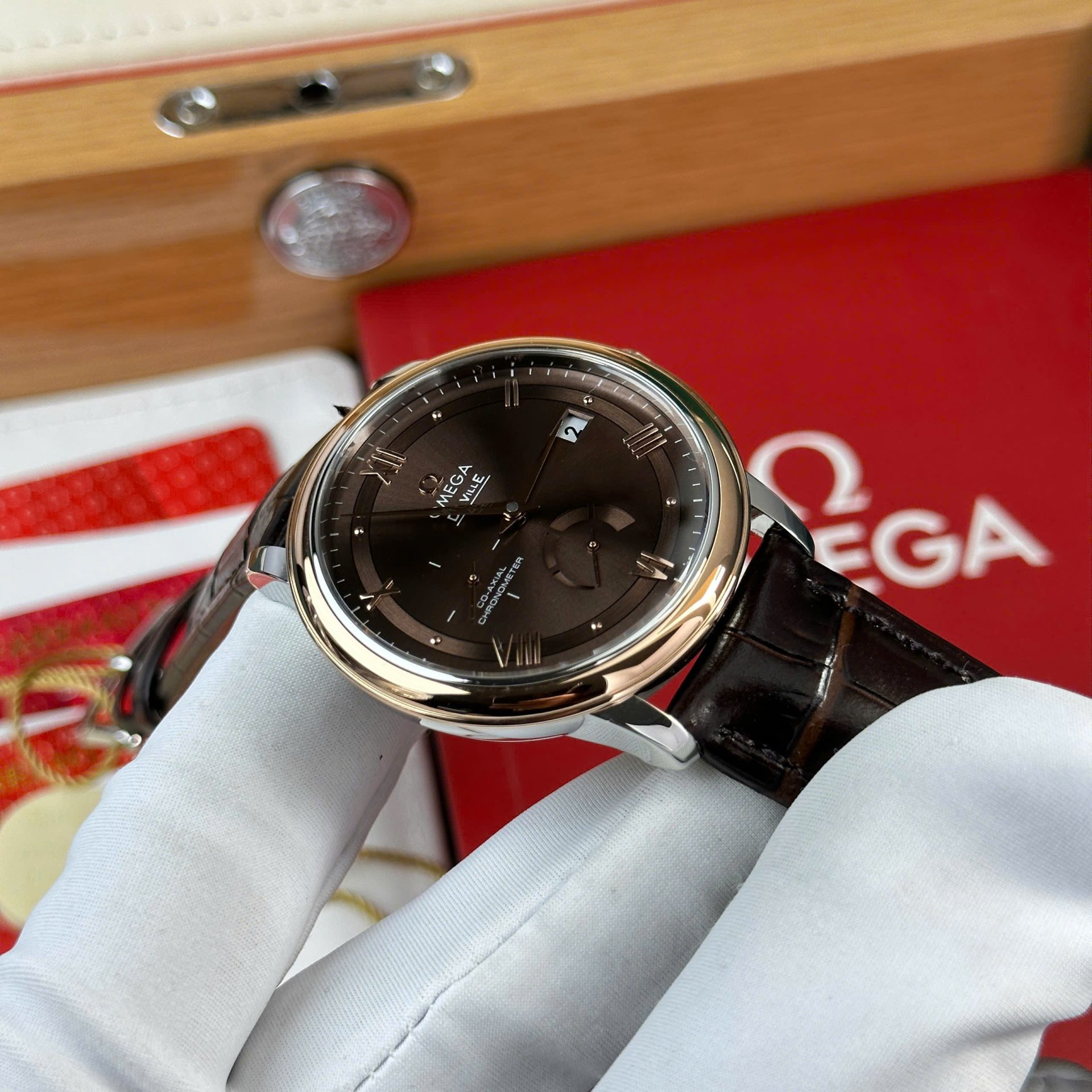 Omega De Ville Prestige Power Reserve Replica 11 Watch Dial Chocolate Leather Strap 39.5mm