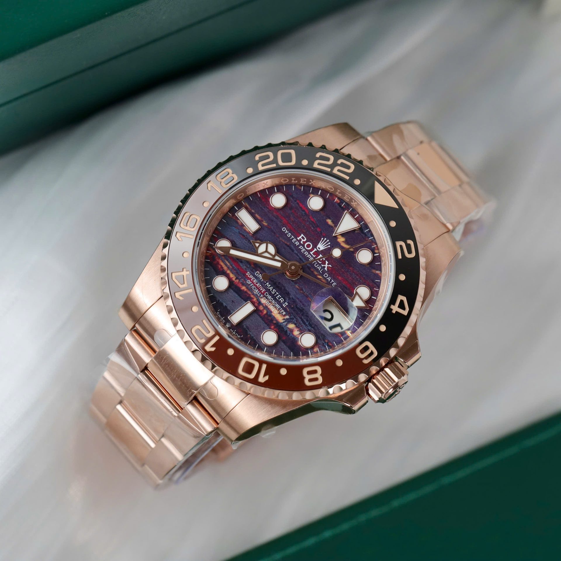 Rolex GMT-Master II 126715CHNR Replica Watch Rose Gold Tiger Eye Stone Dial 40mm