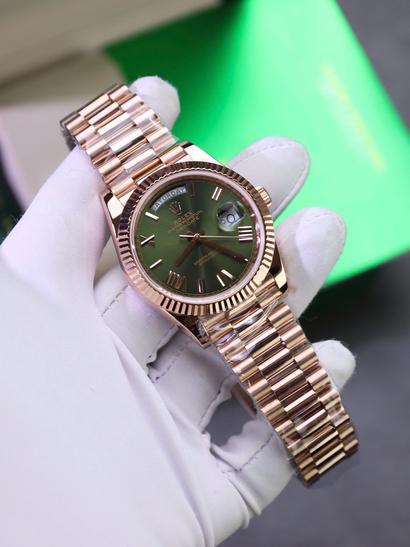 Rolex Day-Date Green Dial Replica Watch Gold Wrapped Weight 186Gram QF 40mm