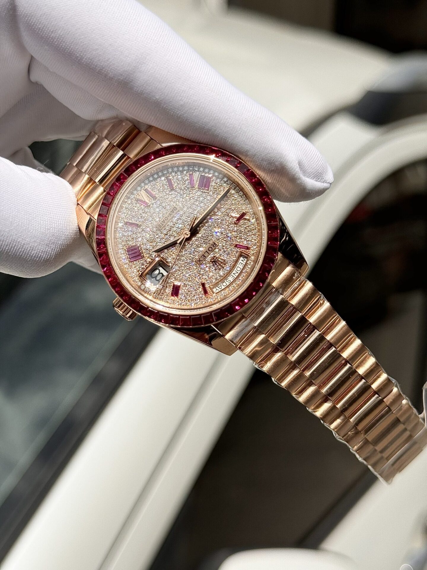 Rolex Best Replica Watch Day-Date Custom Ruby Red   Baguette Moissanite Diamonds GM Factory 40mm