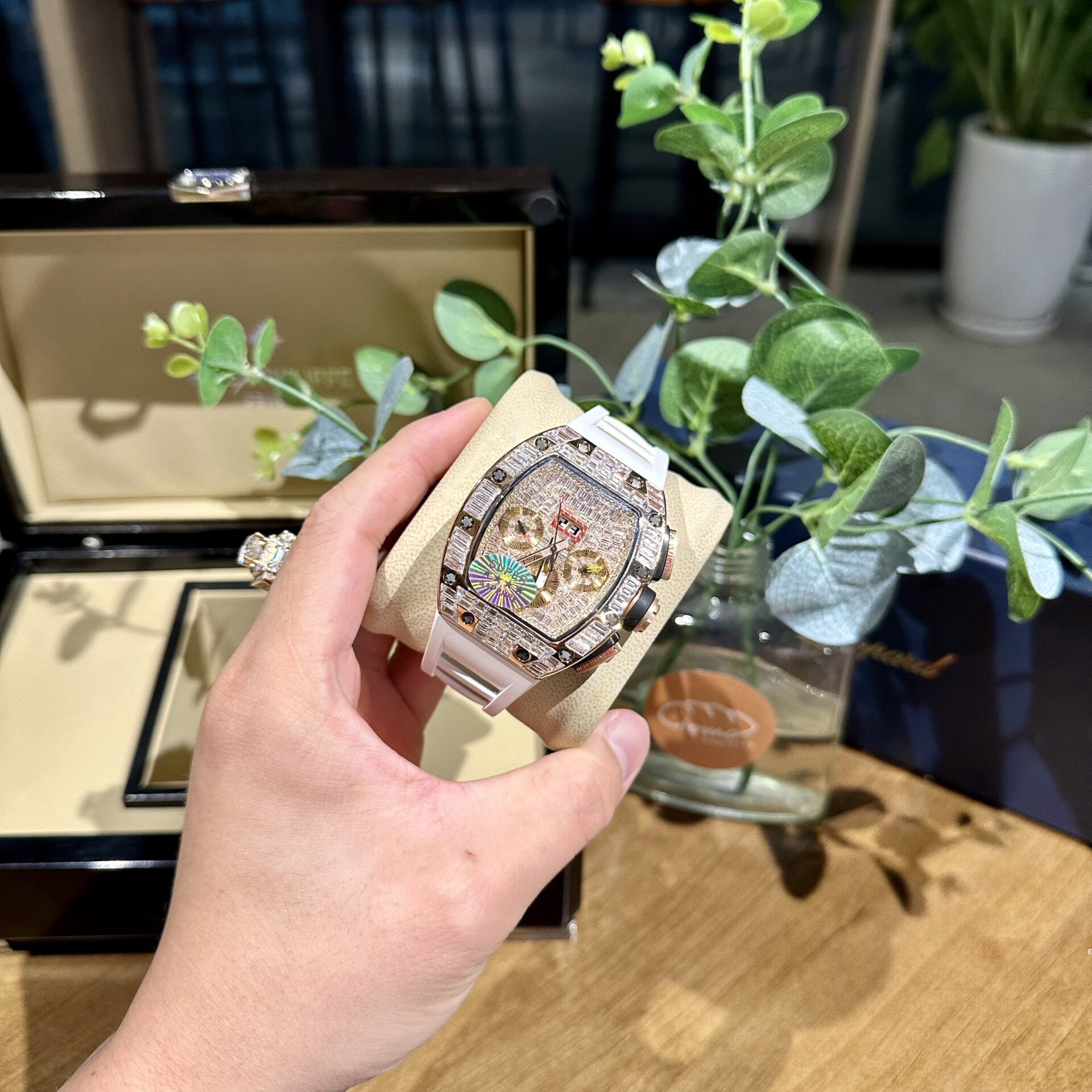 Richard Mille RM011 Replica Watch Full Diamond White Rubber Strap 44mm