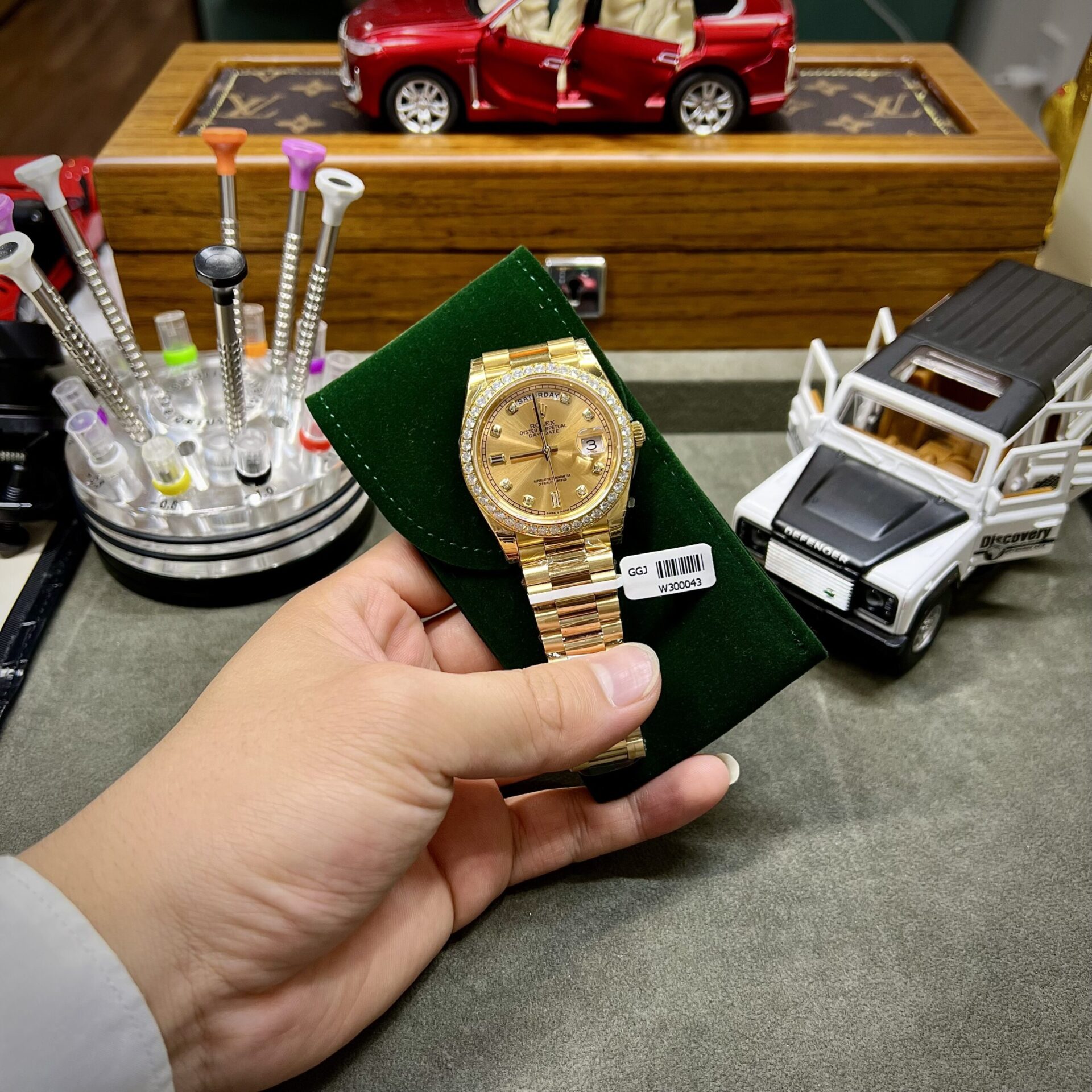 Rolex Fake Watch Day-Date Yellow Dial Custom Moissanite Diamonds 40mm