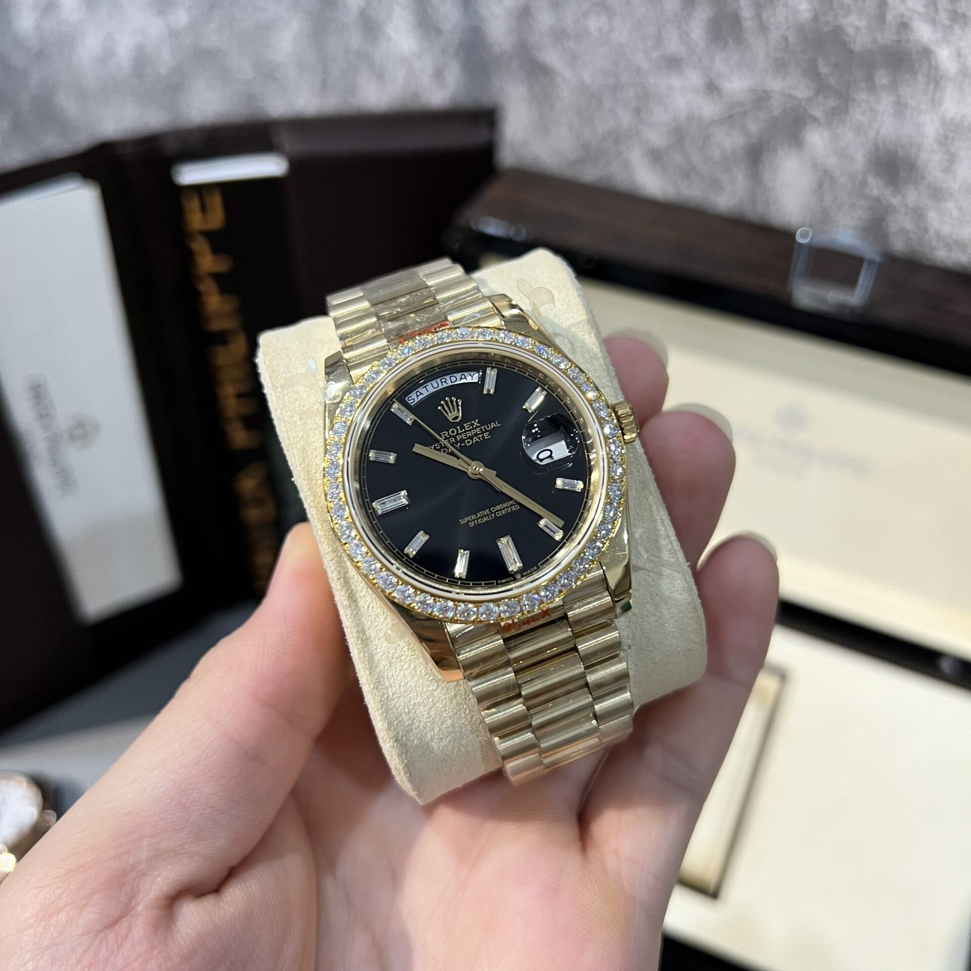 Rolex Day-Date 228238 Replica Watch Black Dial Refined Moissanite Diamond 40mm