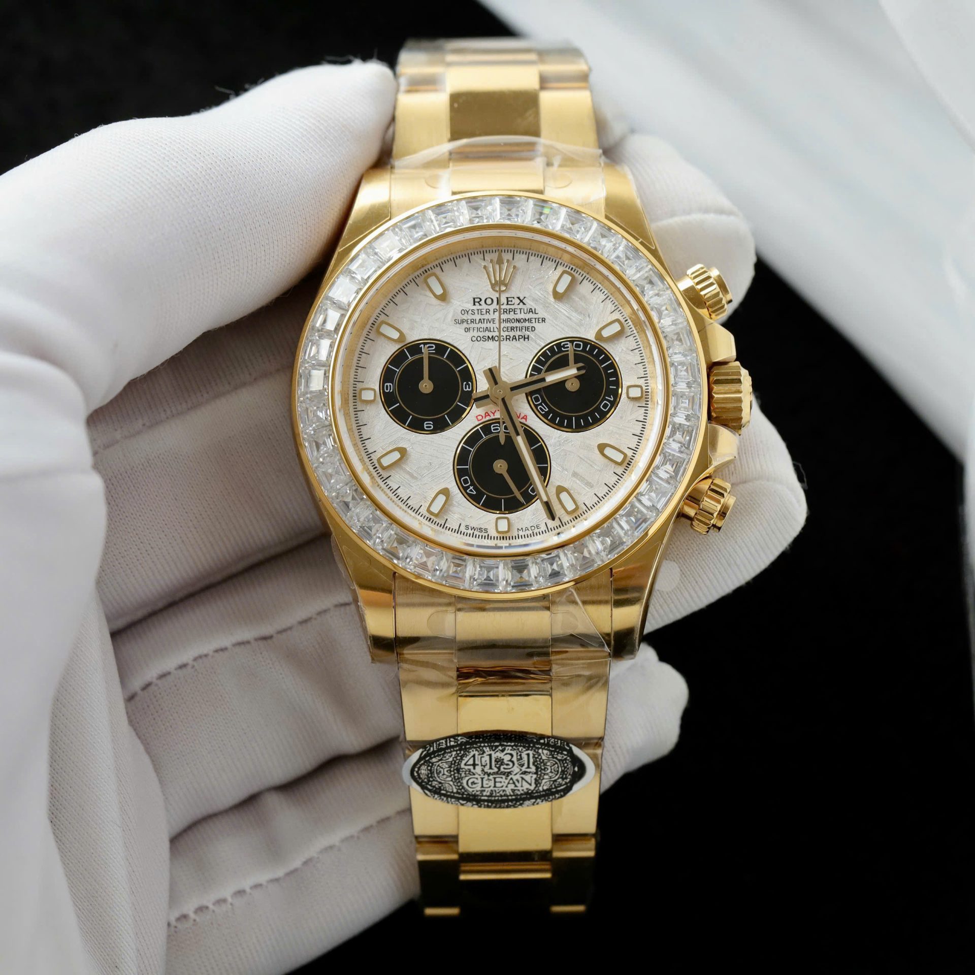 Rolex Daytona Meteorite Dial Copies Watch Gold Wrapped + Moisanite Baguette 40mm