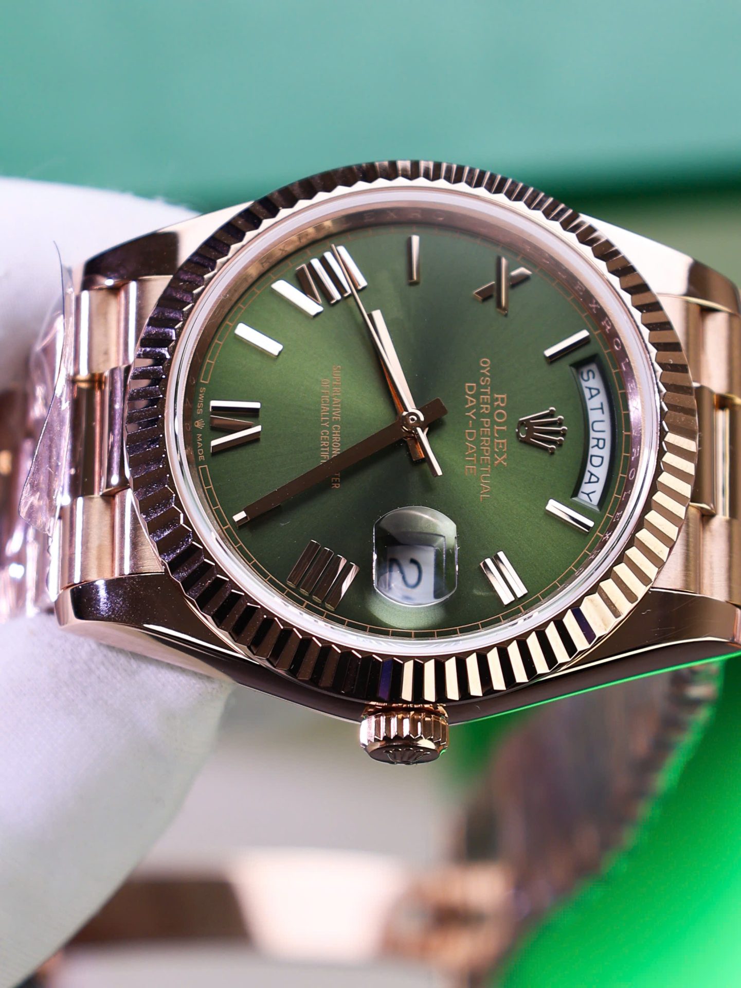 Rolex Day-Date Green Dial Replica Watch Gold Wrapped Weight 186Gram QF 40mm