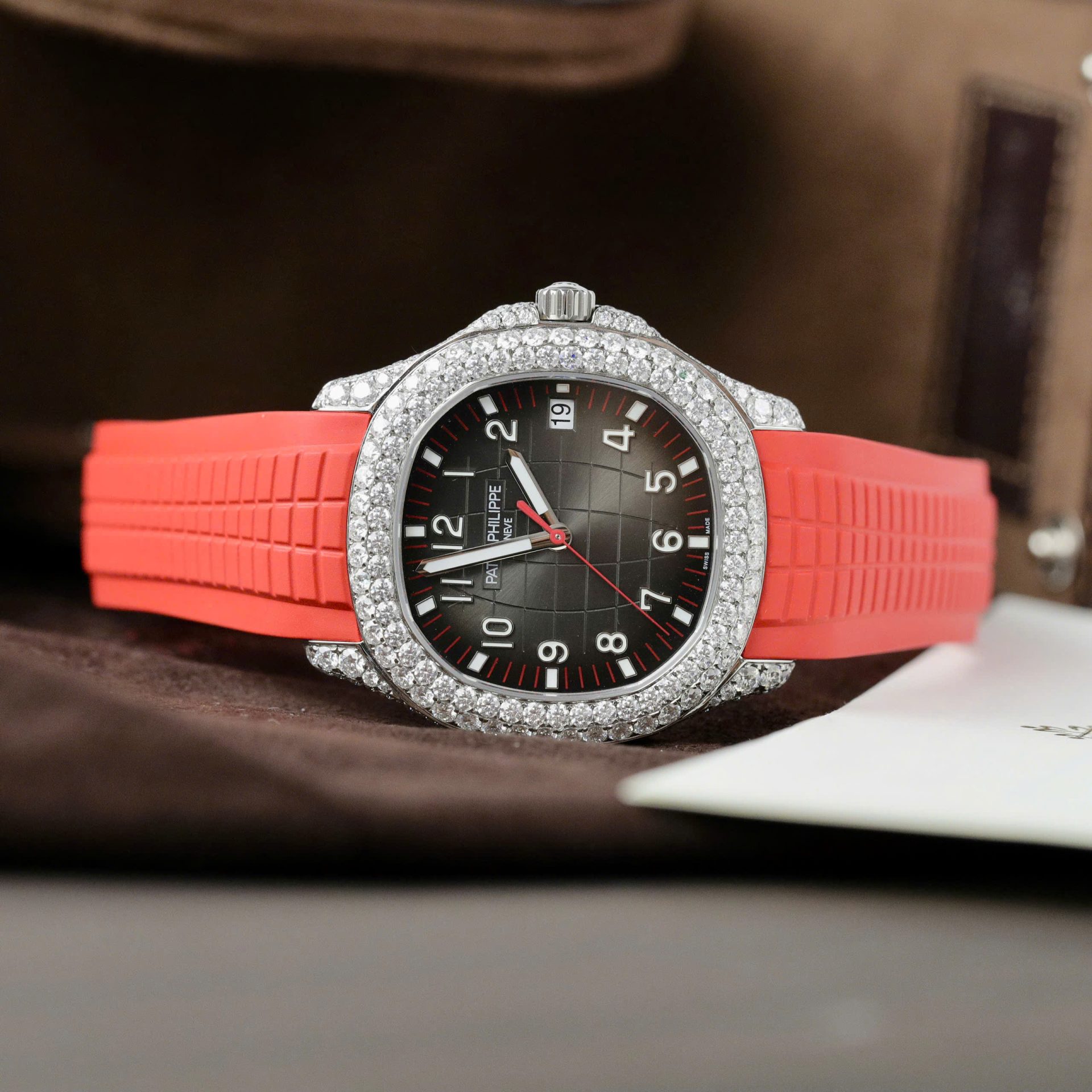 Patek Philippe Aquanaut 5167 Rep 11 Watch Custom Moissanite Diamonds Red Rubber Strap 40mm
