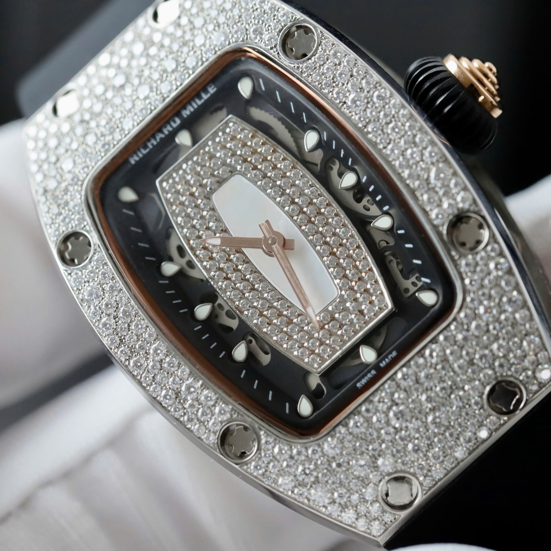 Richard Mille RM007 Best Copies Watch Custom Full Diamonds Moissanite Hong Kong 36mm